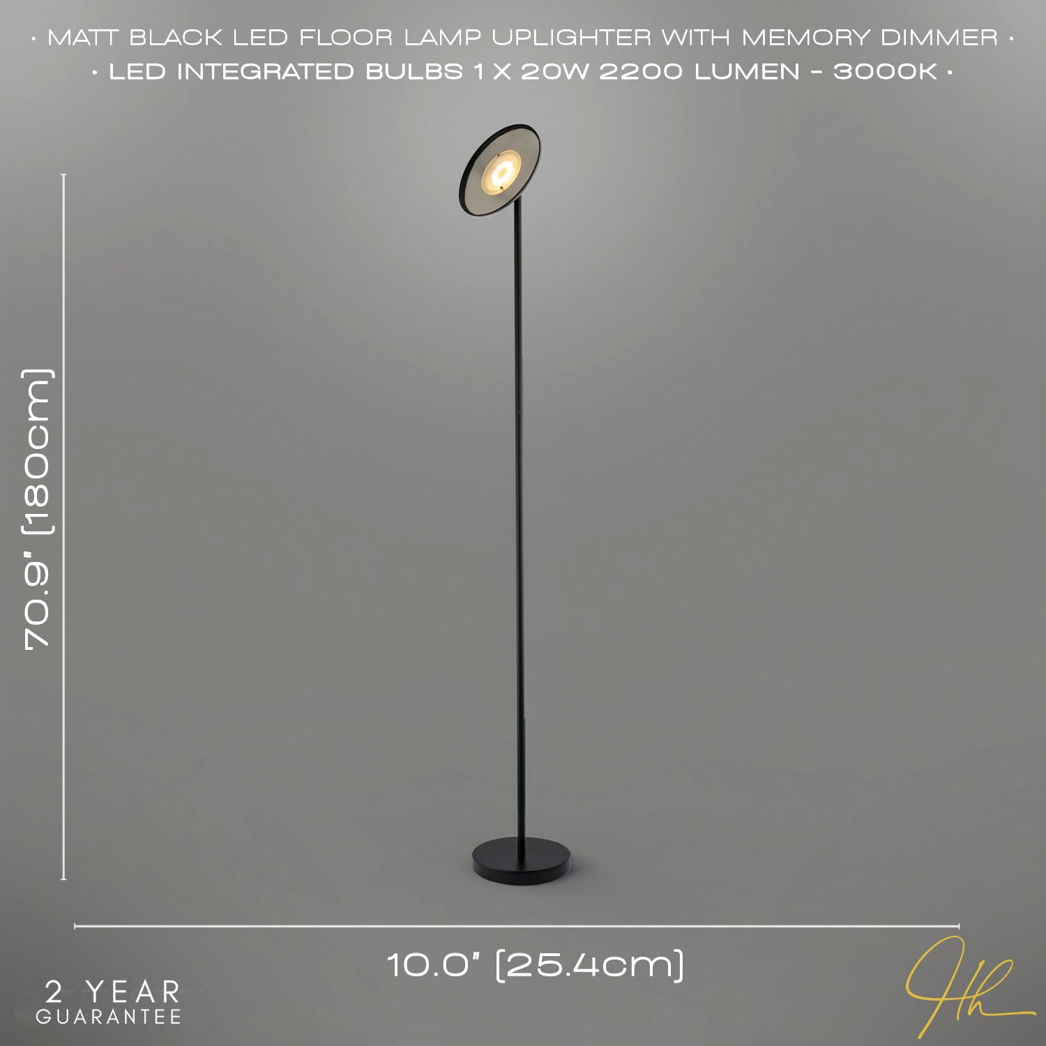 Designer LED Uplighter Metal Floor Lamp in Matte Black with Memory Dimmer Button Image 6