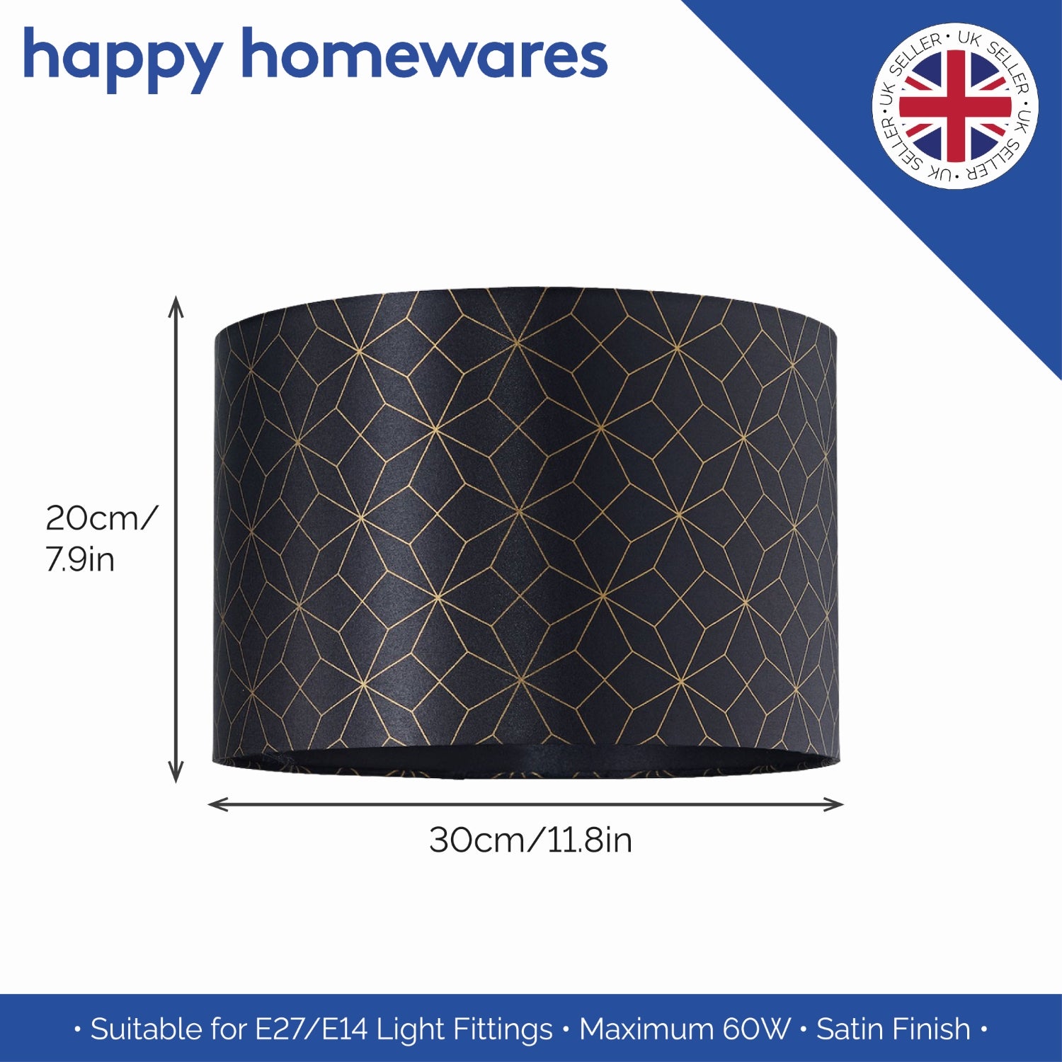 Modern and Vivid Black Satin Fabric Geometric 12" Lampshade with Gold Lines Image 6