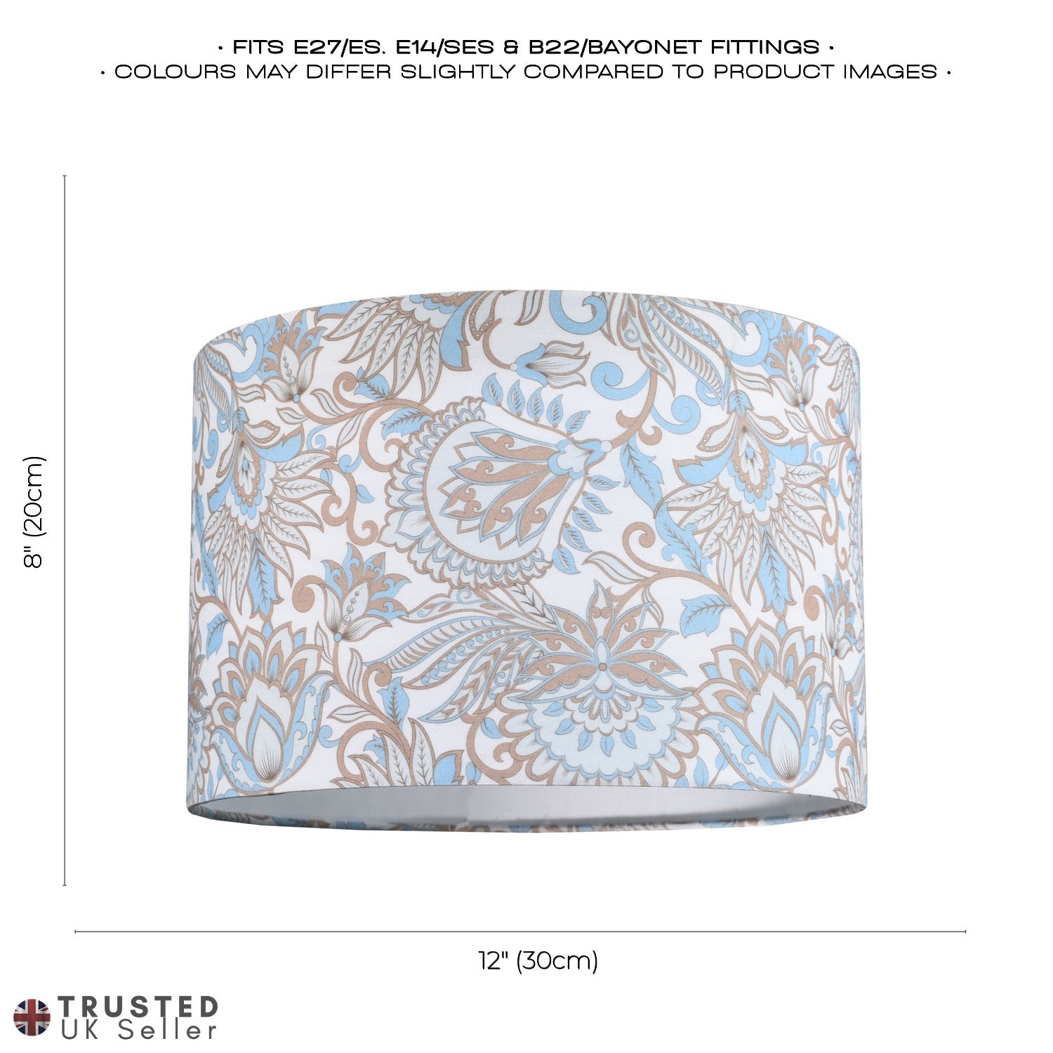 Paisley Floral Print Cotton Fabric Lamp Shade in Sky Blue with White Lining Image 6