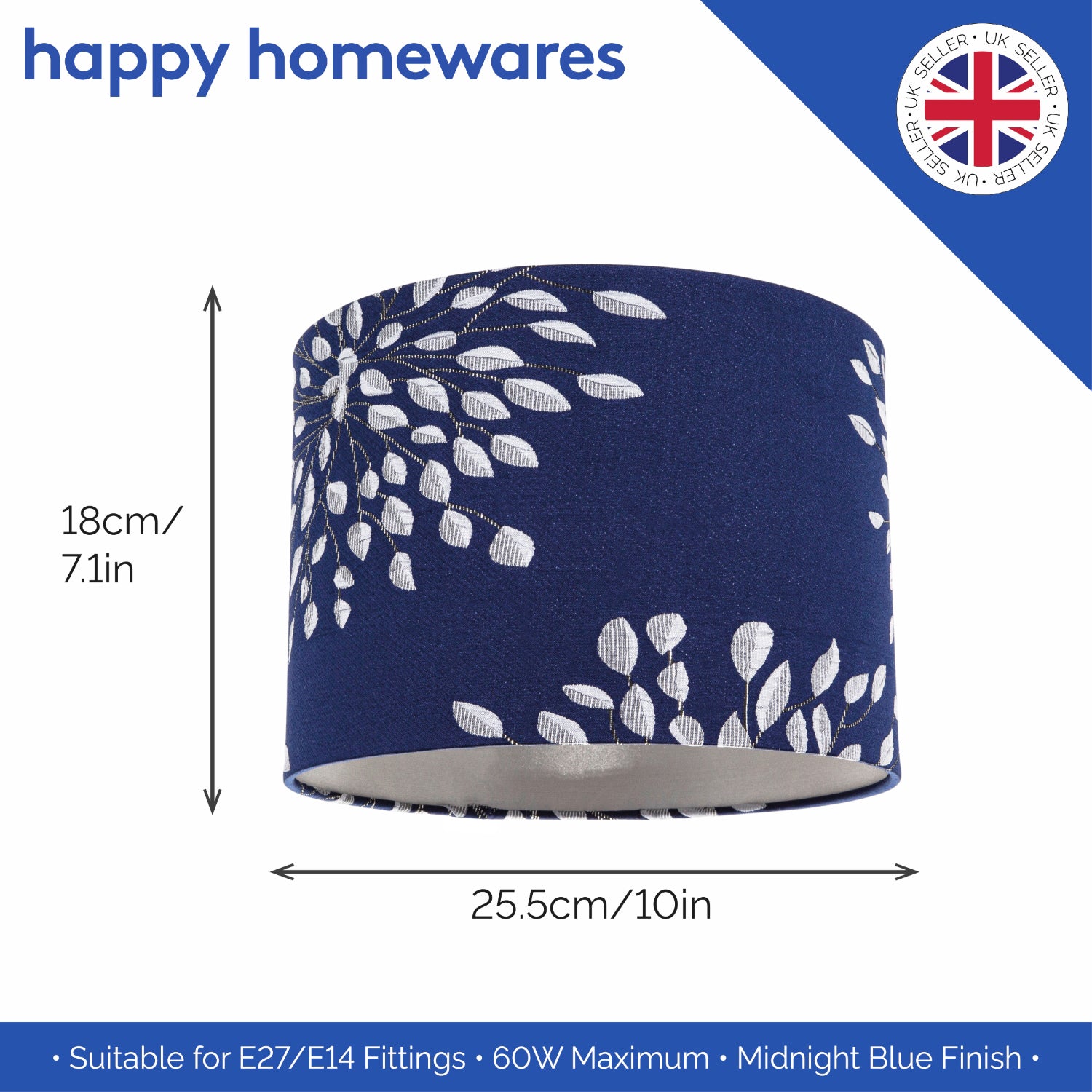 Modern Navy Midnight Blue Drum Lampshade with Off-White Floral Decoration Image 6