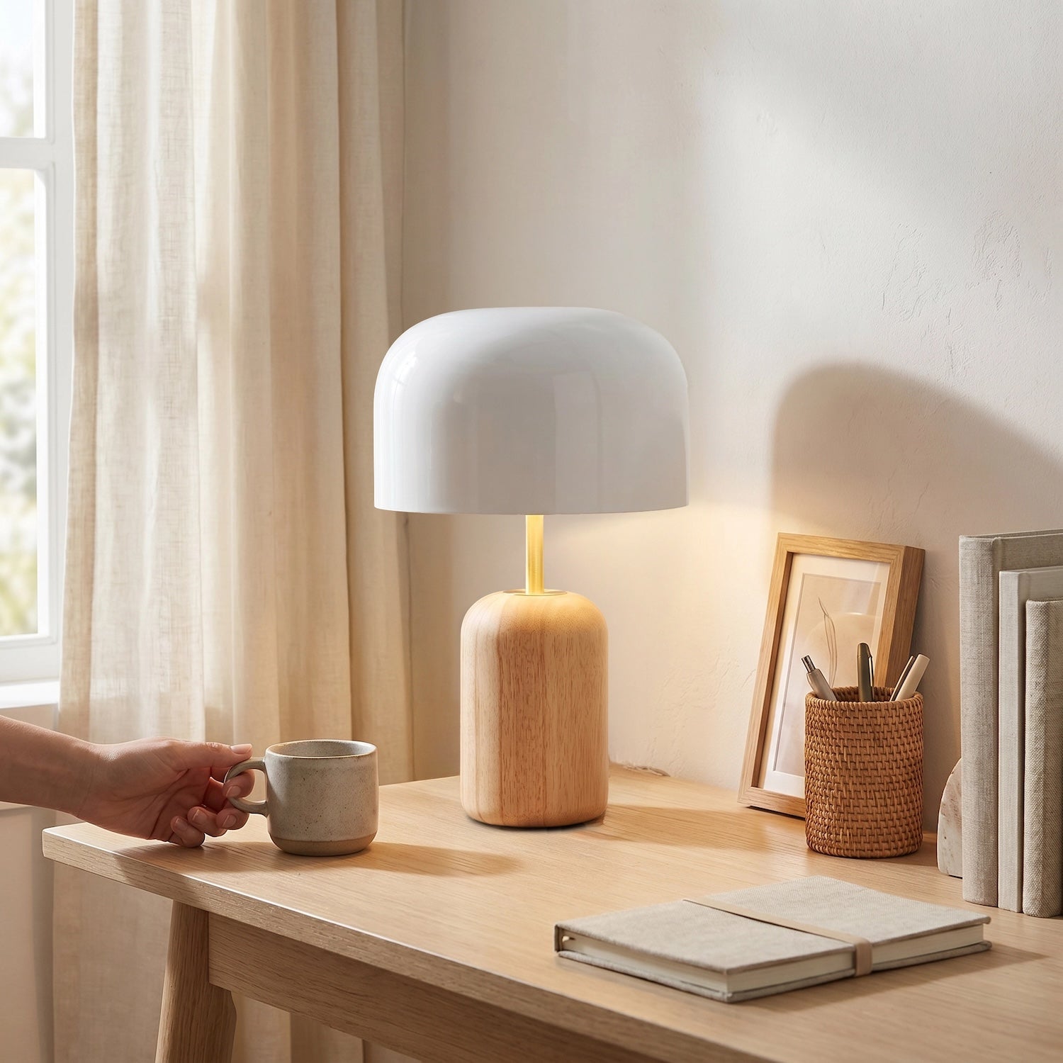 Modern Designer Wooden Table Lamp with White Gloss Domed Metal Shade Image 6