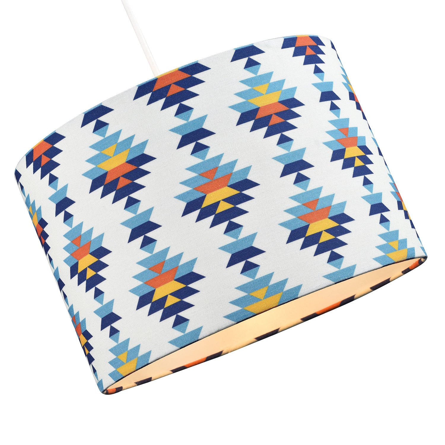 Colourful Boho Geometric 12 Inch Drum Lamp Shade in White with Blues and Oranges Image 2