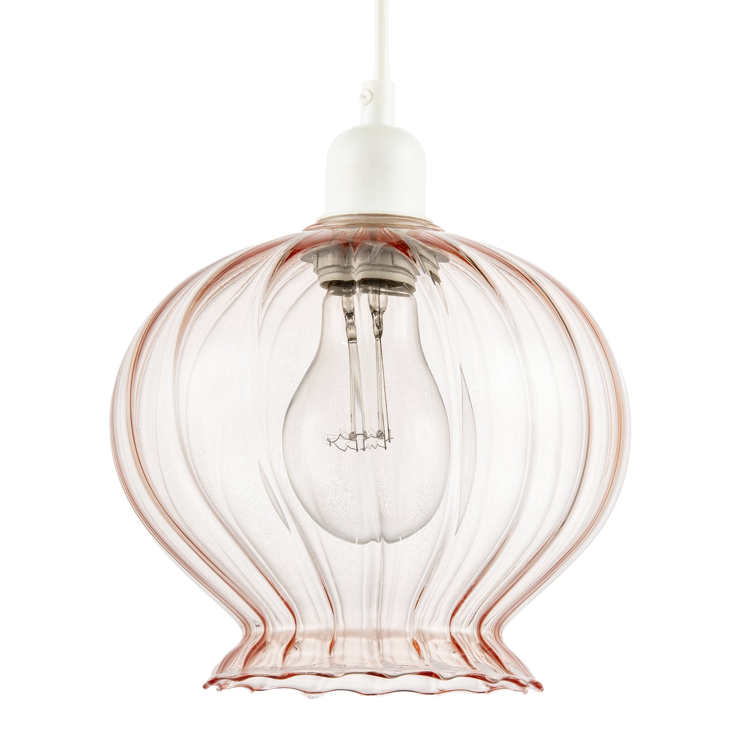 Elegant Ribbed Blush Pink Glass Pendant Light Shade with Scalloped Rim Image 1