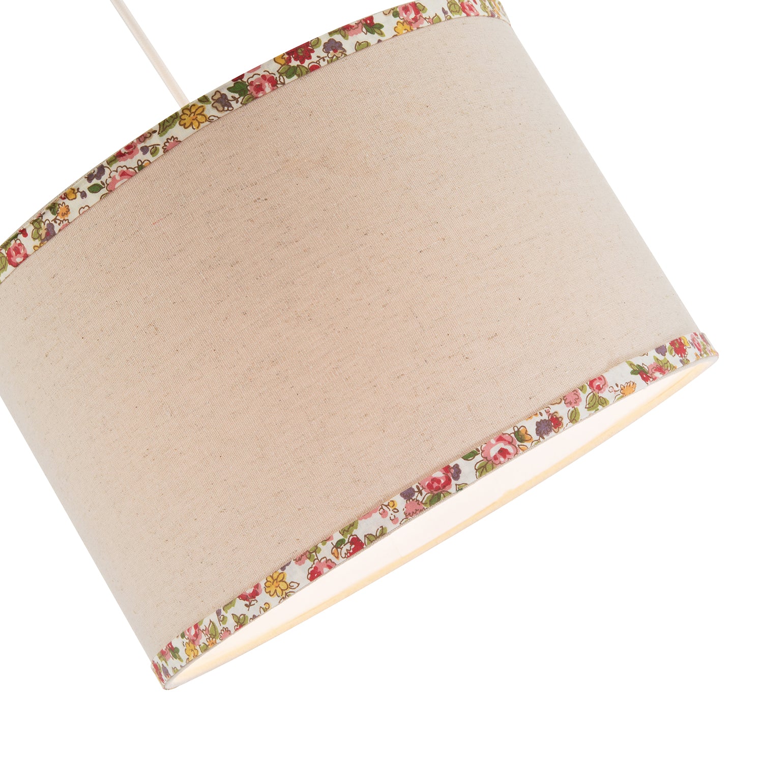 Natural Oatmeal Linen Circular Lamp Shade with Colourful Floral Trims Image 3