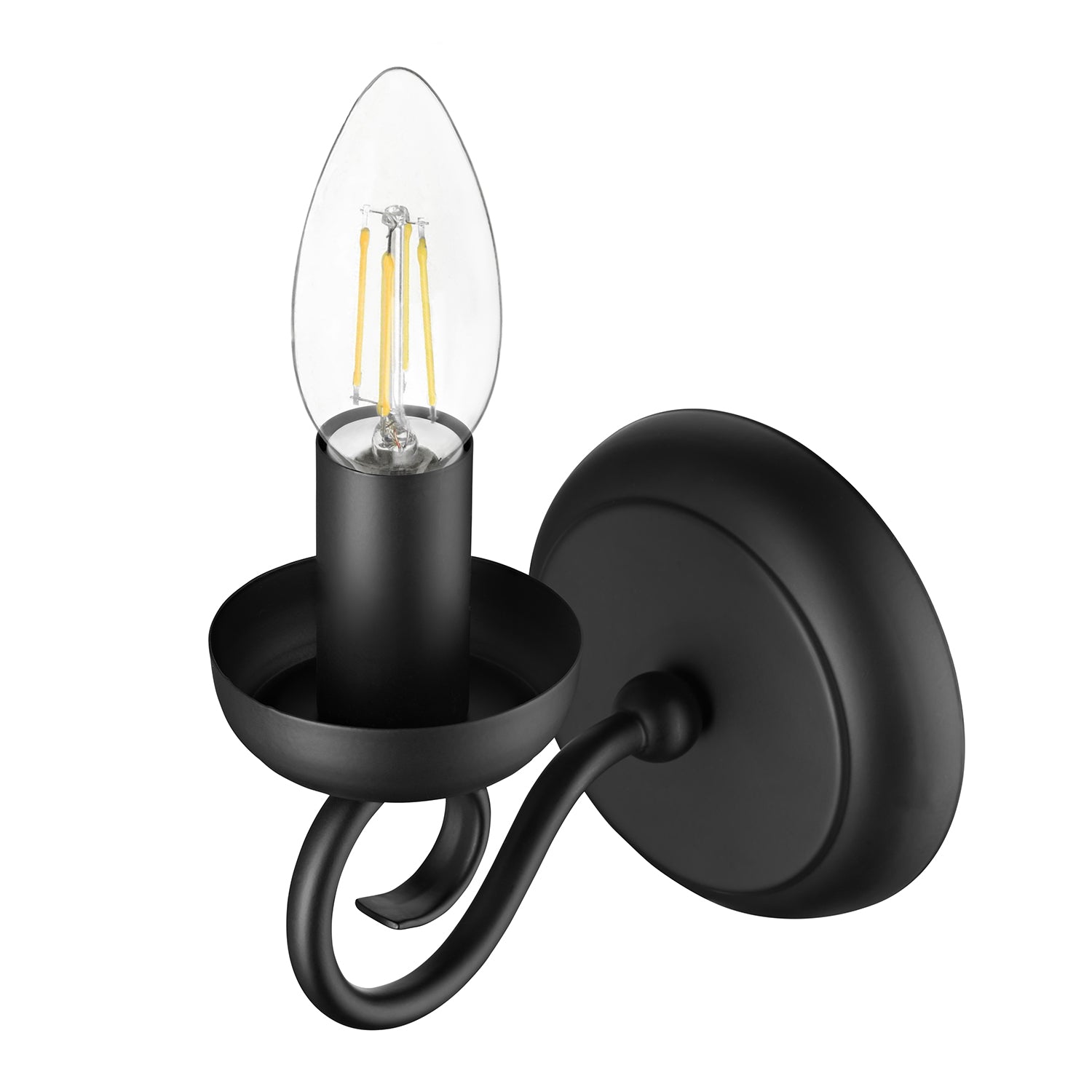 Traditional Style Matt Black Wall Light Fitting with Scroll Arm and Pull Switch Image 2