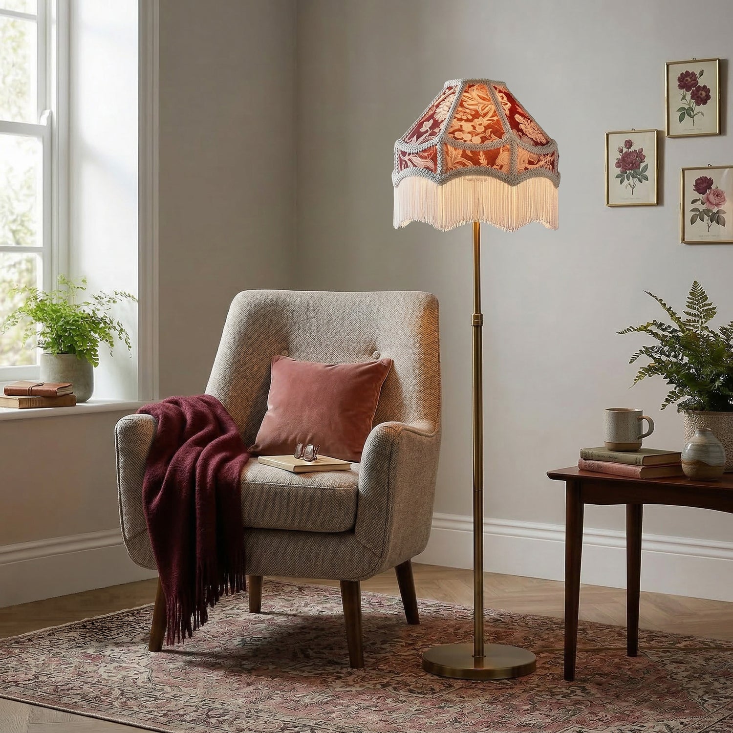 Vintage Victorian Style Floral Pendant Shade in Burgundy Red Fabric Image 6