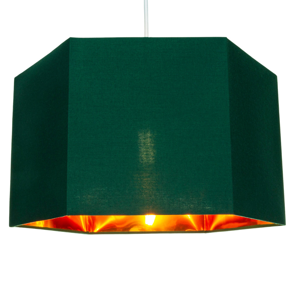 Modern Green Cotton 14" Table/Pendant Hexagonal Lampshade with Matt Copper Inner Image 2