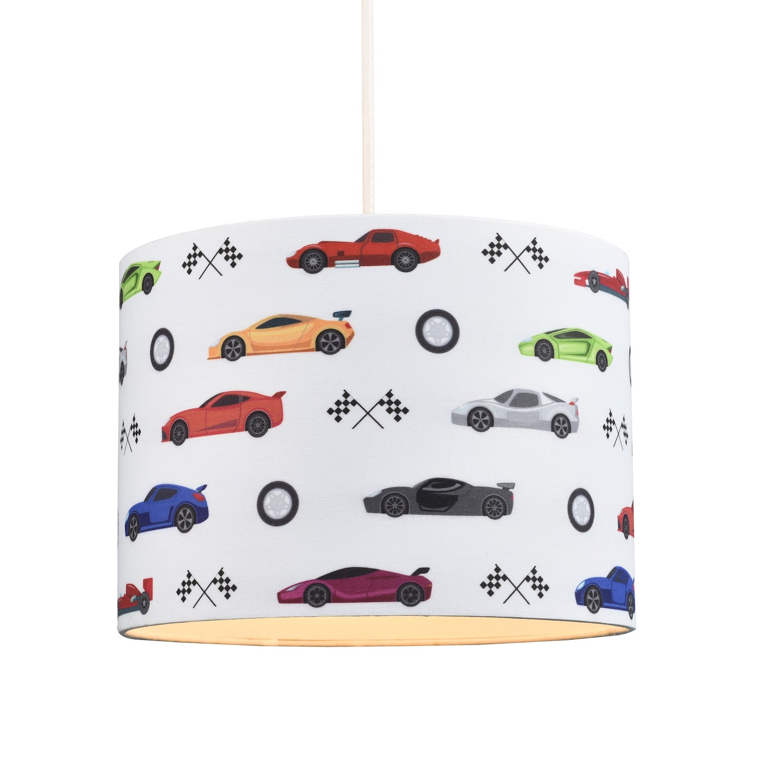 Modern and Colourful Racing Cars Kids Cotton Fabric Round Drum Lamp Shade - 25cm Image 4