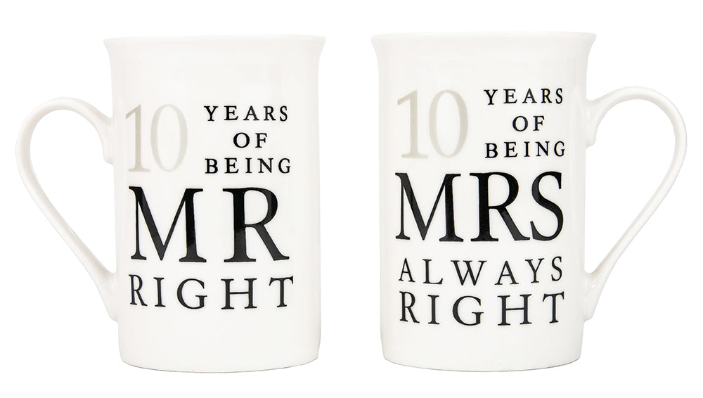 Ivory White 10th Anniversary Mr Right & Mrs Always Right Ceramic Mug Gift Set Image 1