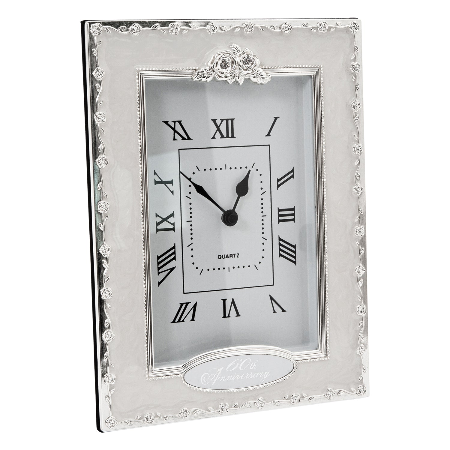 60th Anniversary Clock in White Epoxy with Silver Plated Metal Roses Image 2