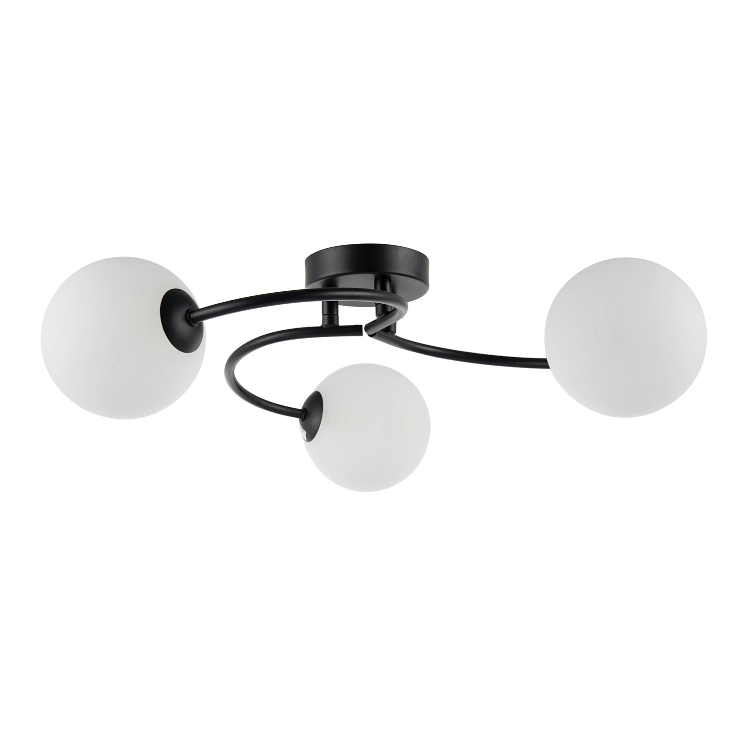 Modern 3-Arm Matte Black Ceiling Light with Opal Swirl Glass Spherical Shades Image 1