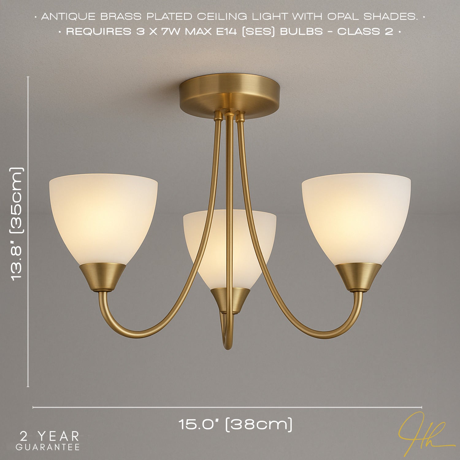 Designer Antique Brass Three Arm Ceiling Light with Opal White Glass Shades Image 6