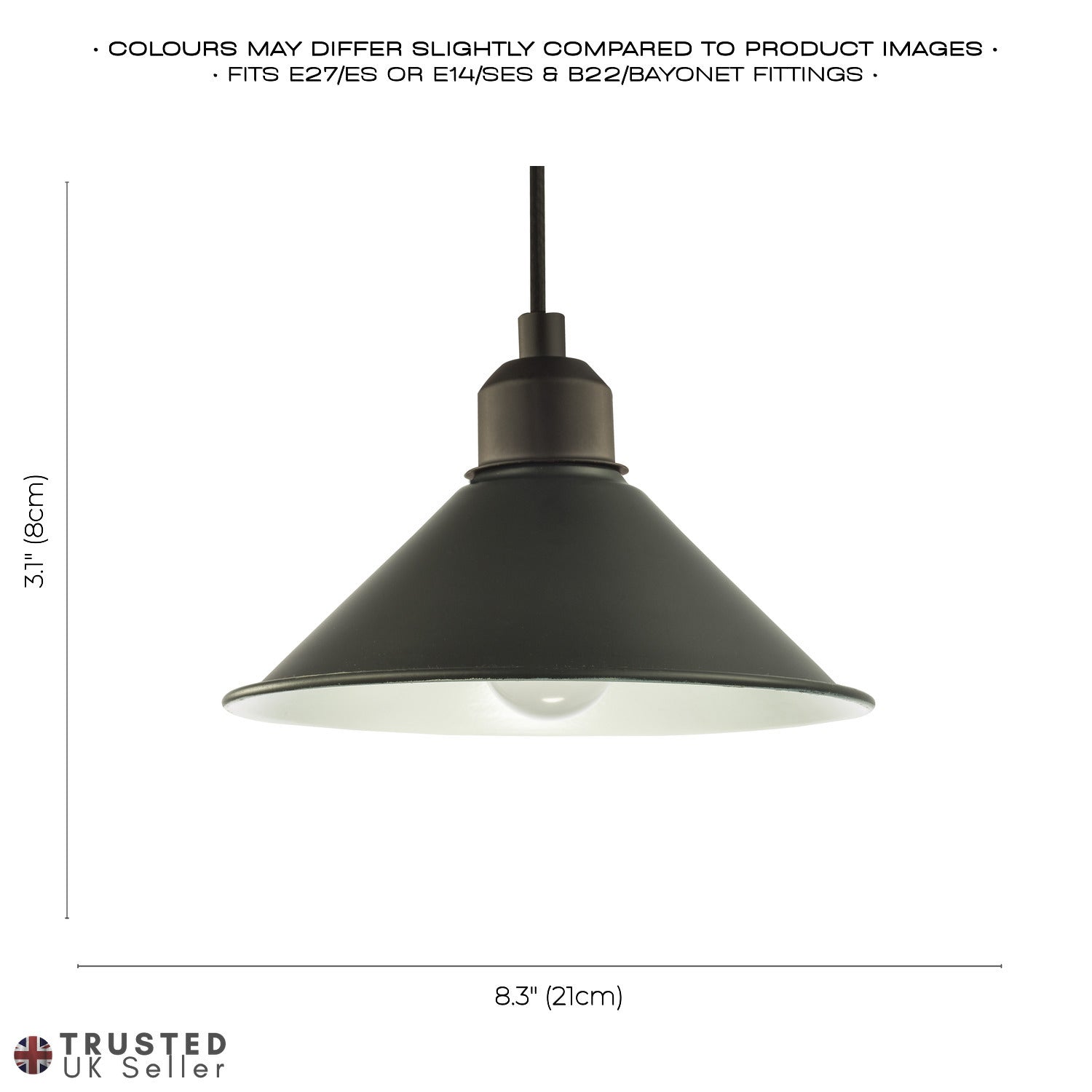 Cone Shaped Industrial Metal Pendant Lamp Shade in Mat Black - 21cm x 8cm Image 6