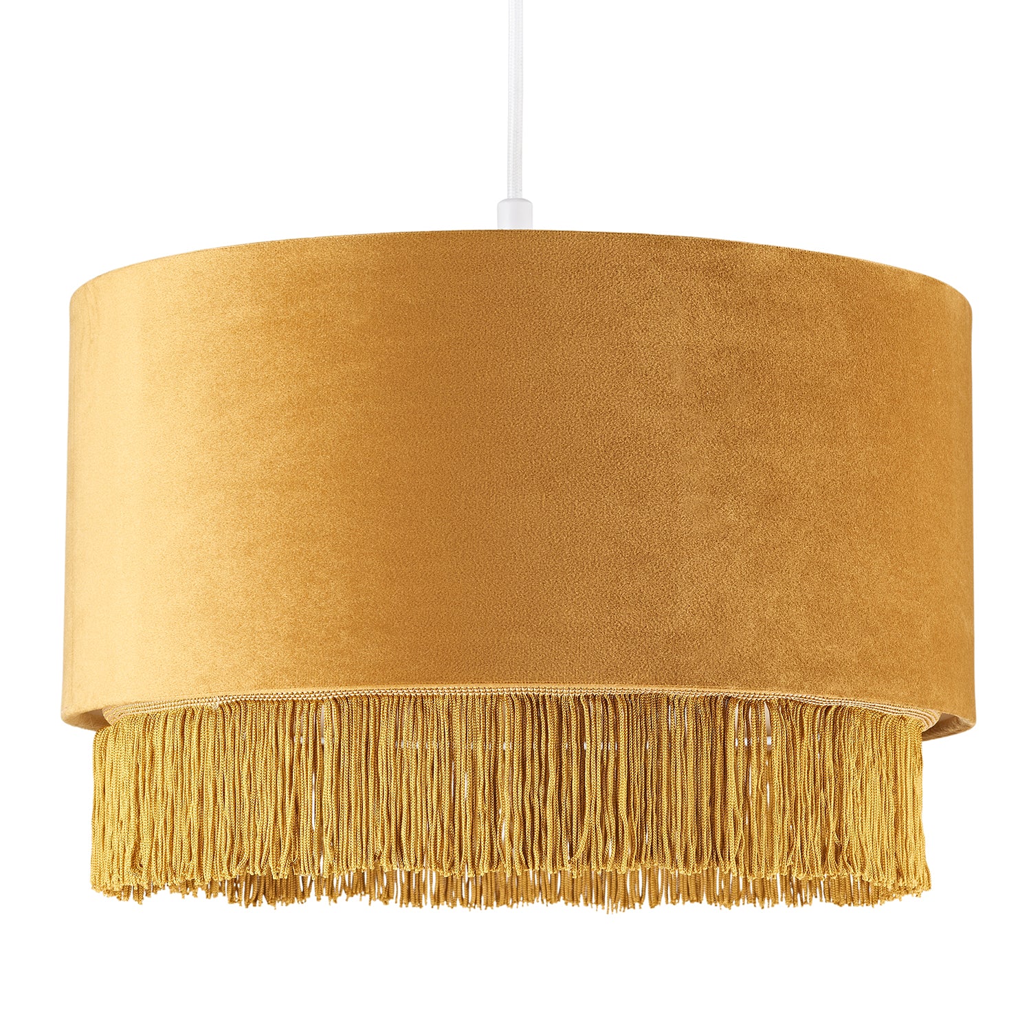 Modern Ochre Mustard Drum 14" Pendant Shade with Tassels and Embroidered Trim Image 1