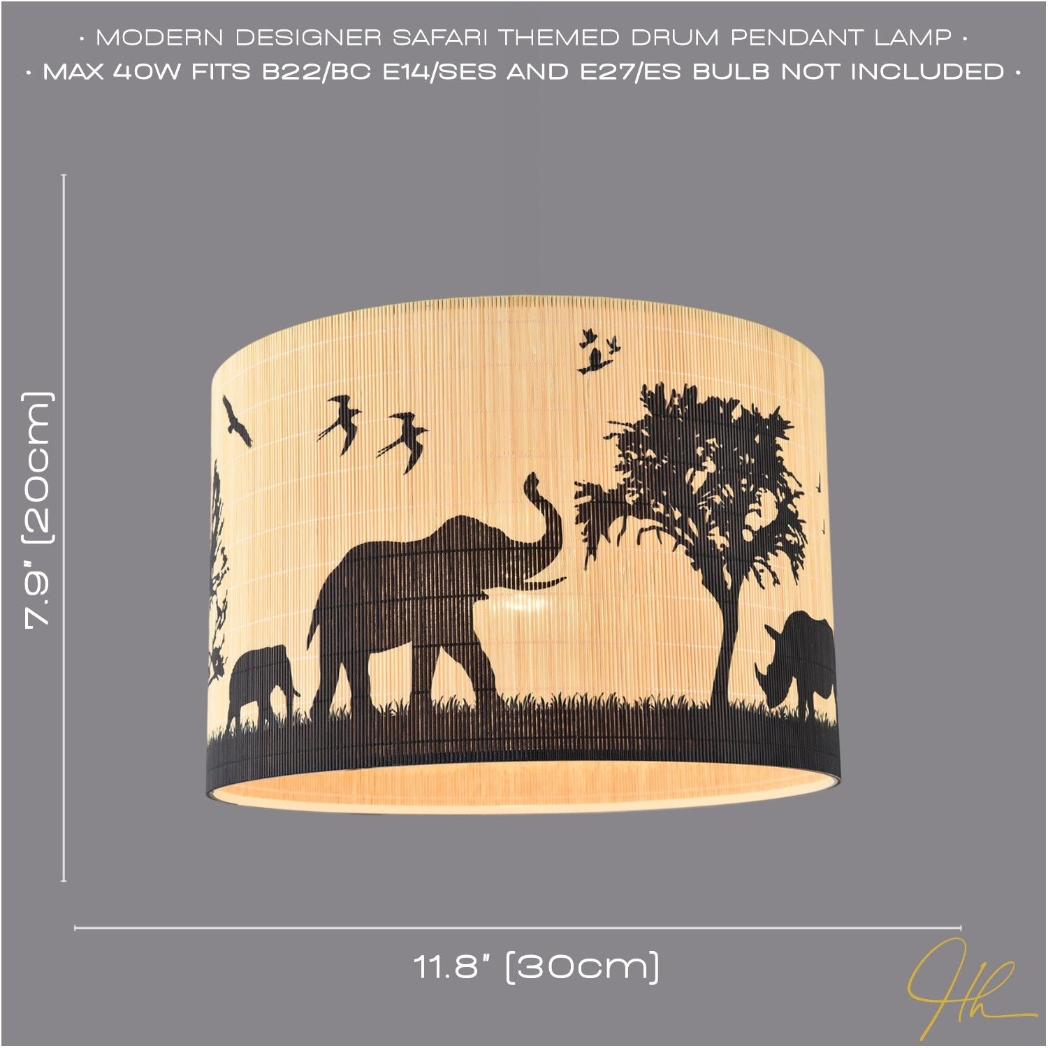 Modern Safari Bamboo Pendant Light Shade with Black Animals and Trees Image 6
