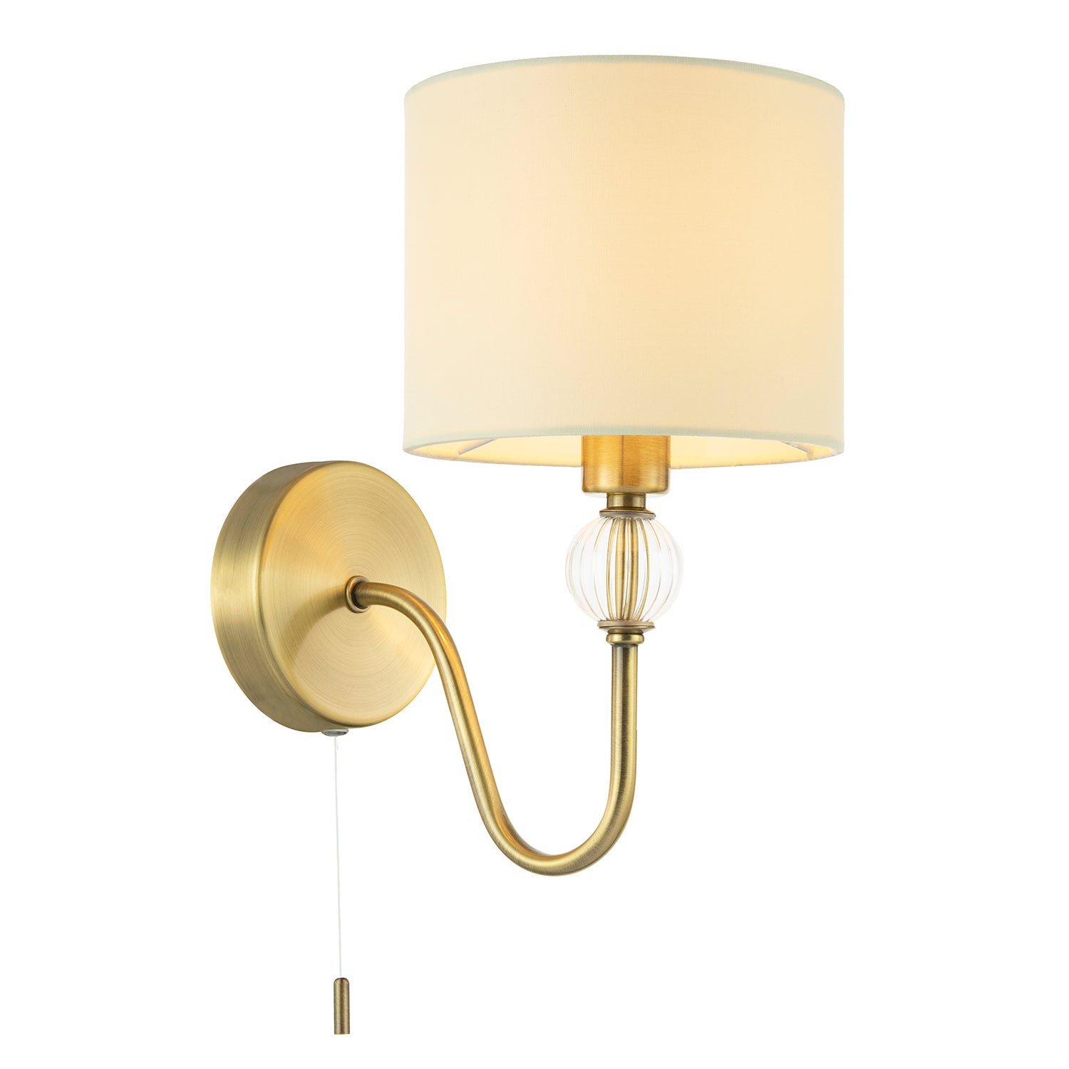 Traditional Bedside Wall Light in Antique Brass with Pull Switch and Shade Image 1