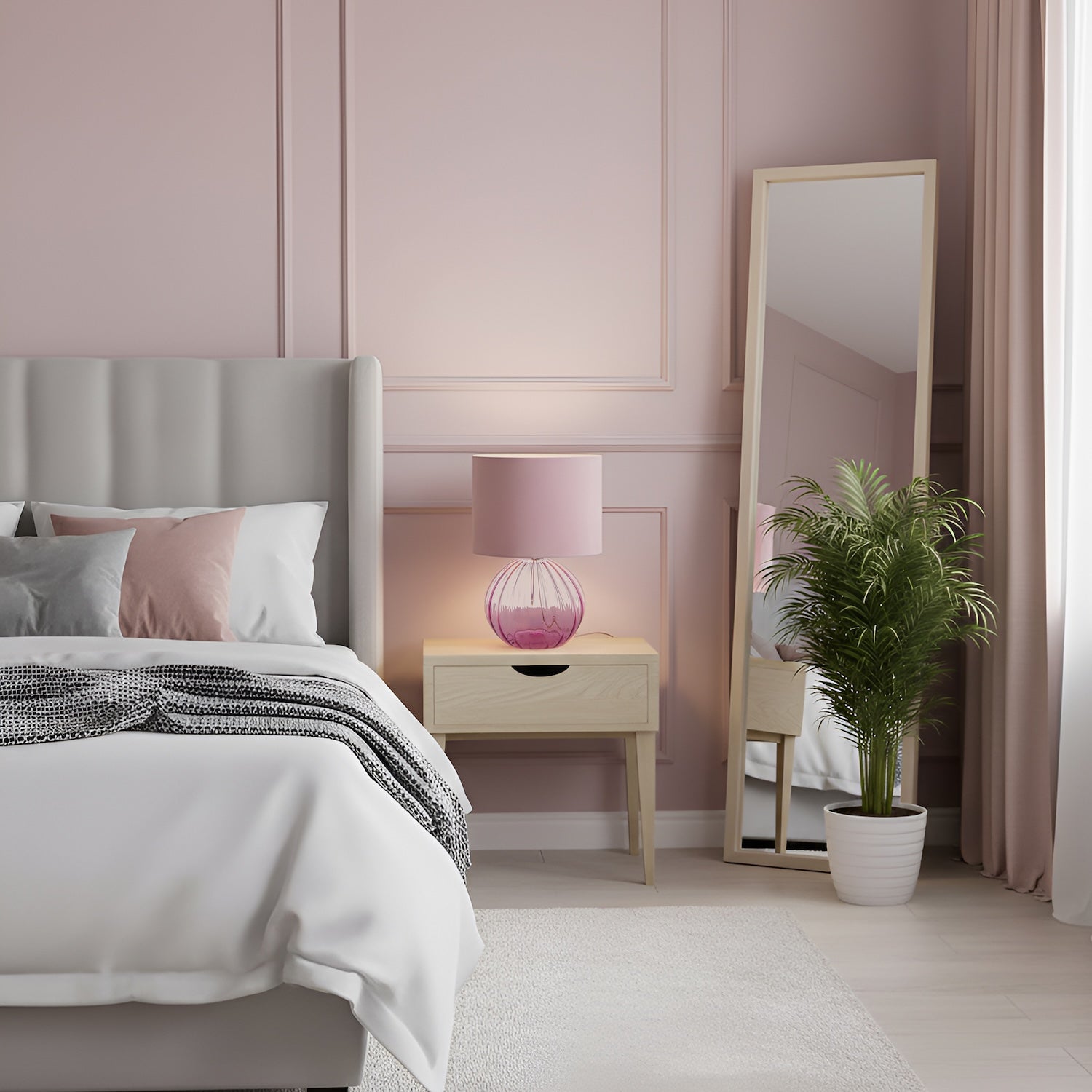 Contemporary Lilac Ribbed Glass Table Lamp with Velvet Fabric Shade Image 6