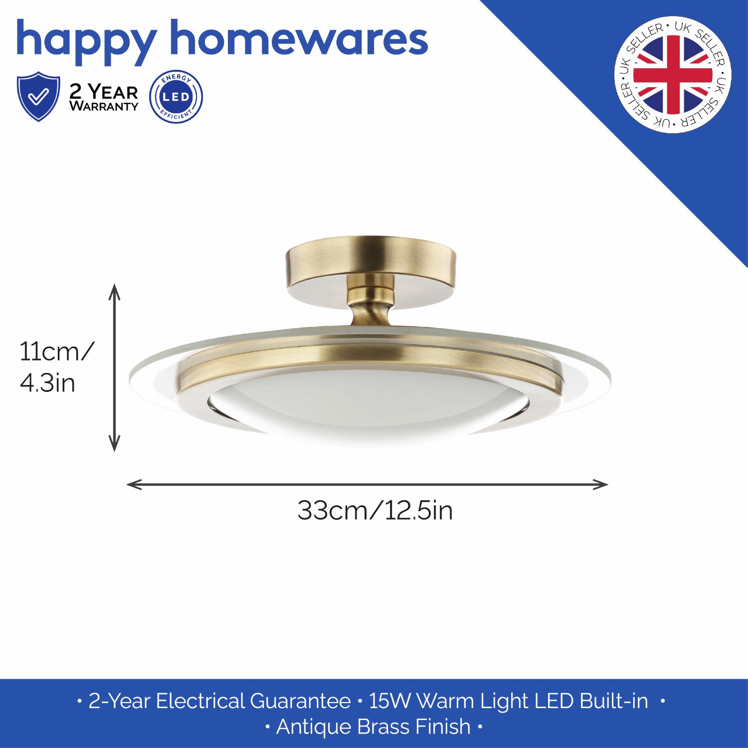 Modern and Sleek Semi Flush LED Powered Ceiling Light Fitting in Antique Brass Image 6