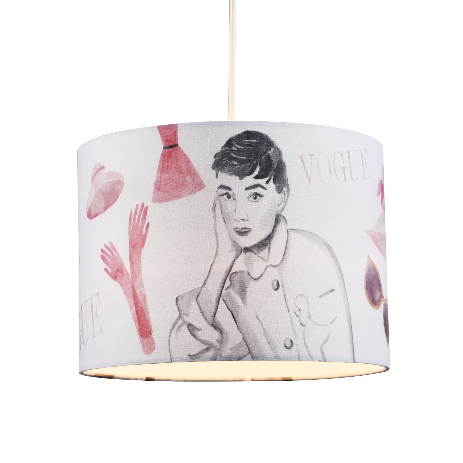 Audrey Hepburn Vogue Themed Fabric Lamp Shade with Pink Dresses and Gloves Image 3