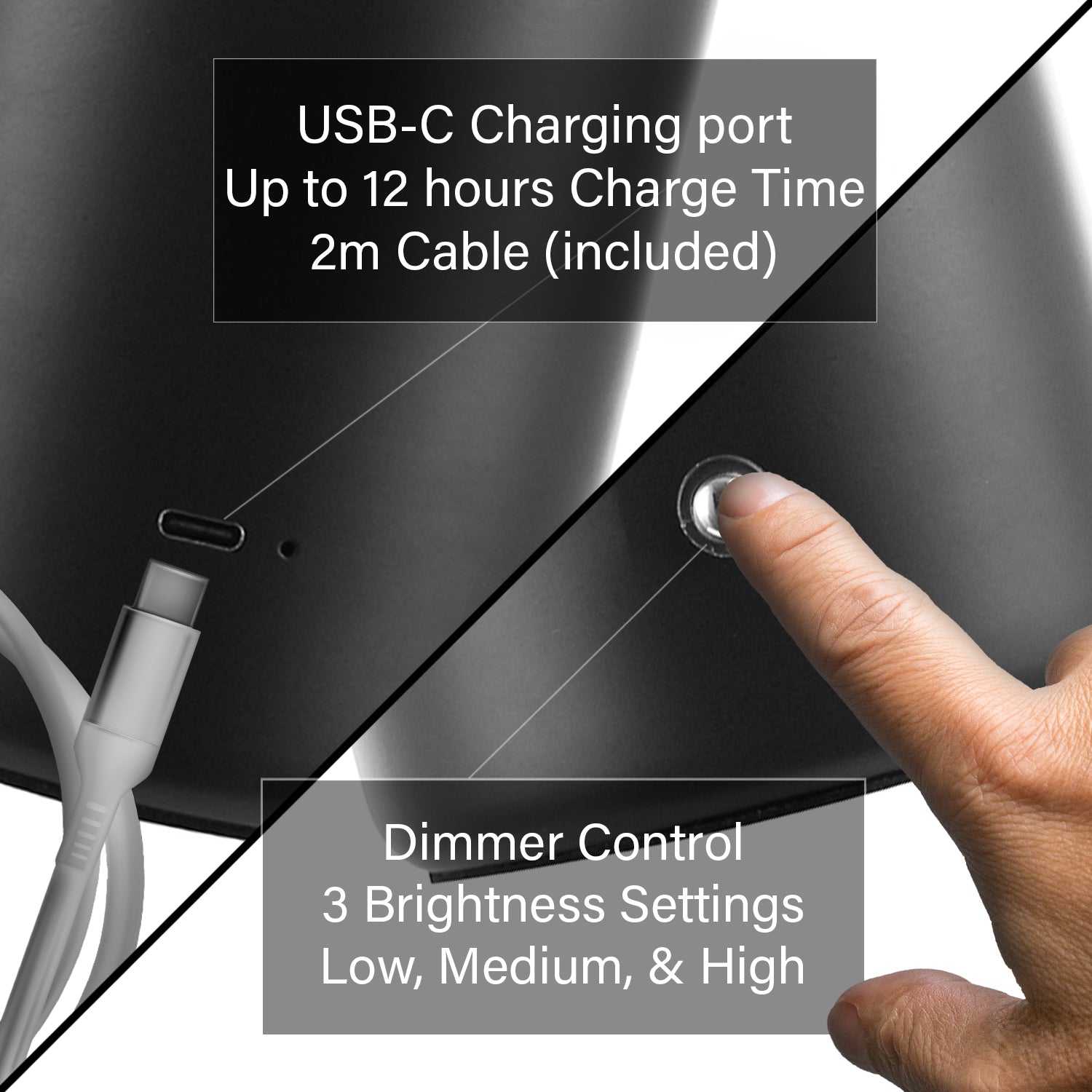 Mat Black Modern USB-C Battery Mushroom Lamp with Touch Dimmer Image 4