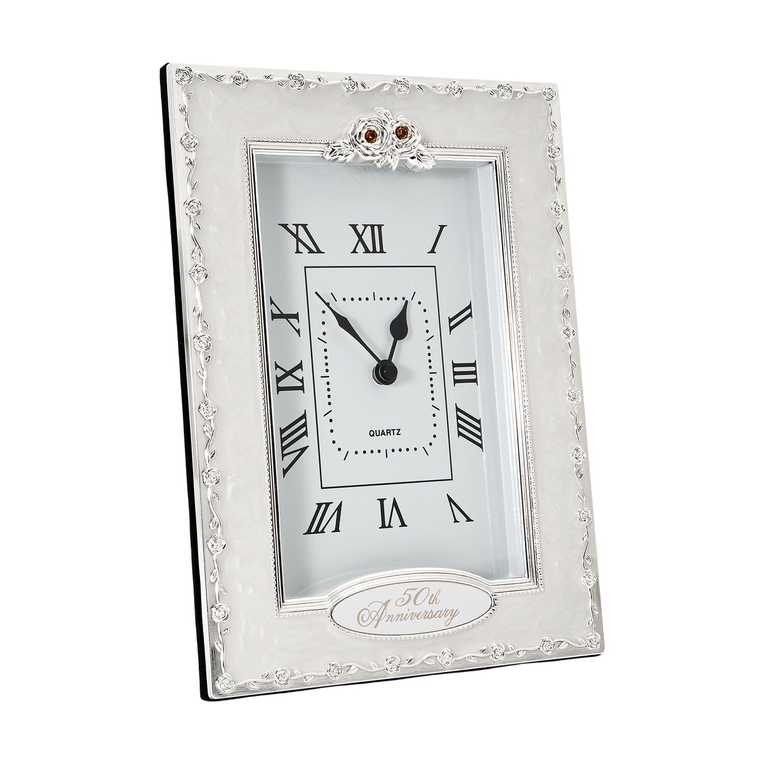 50th Anniversary Clock with Silver Plated Roses and Gold Diamantes Image 2