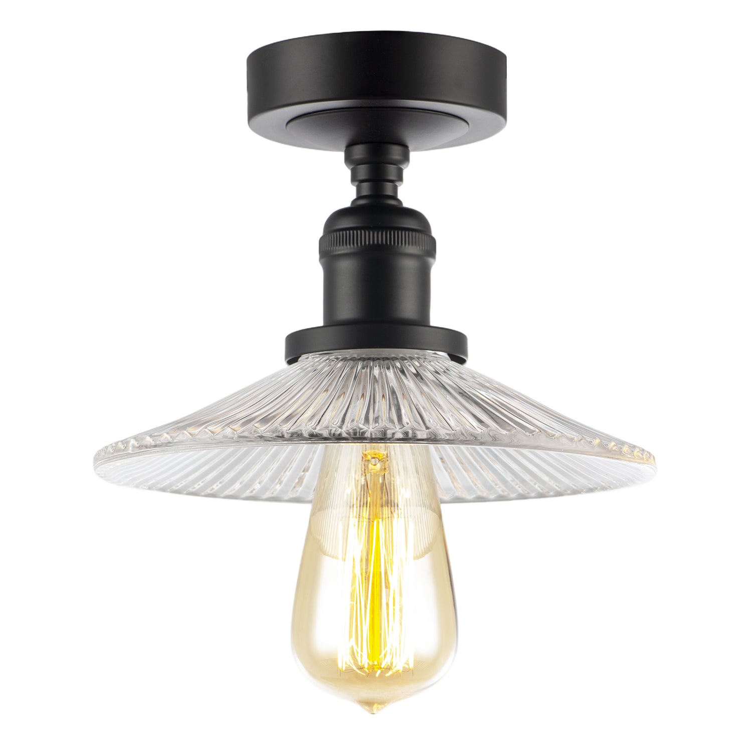 Vintage Design Matte Black Ceiling Light with Fluted Clear Glass Image 2