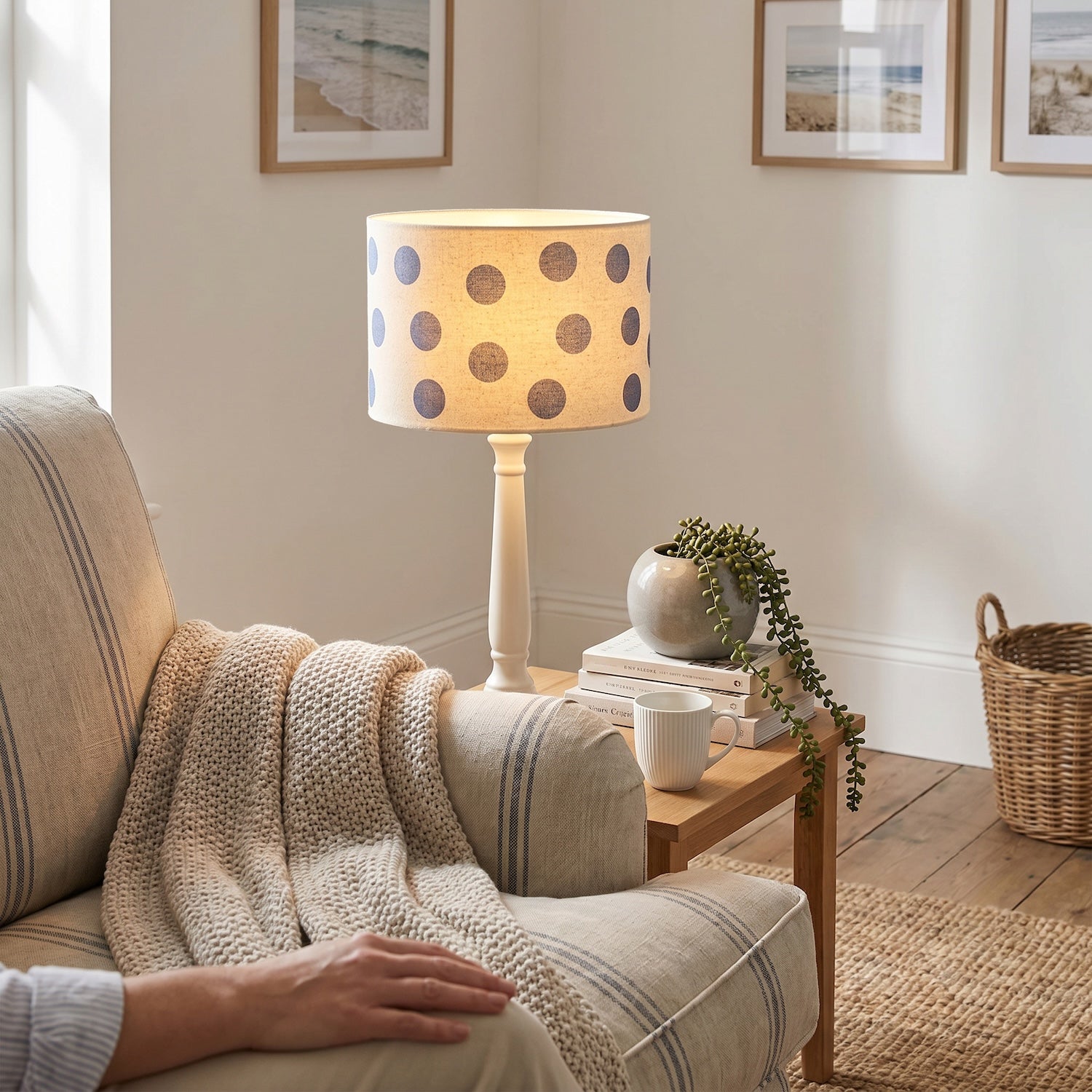 Modern Dusty Amparo Blue Linen Fabric Polka Dot Design Drum Lamp Shade Image 6