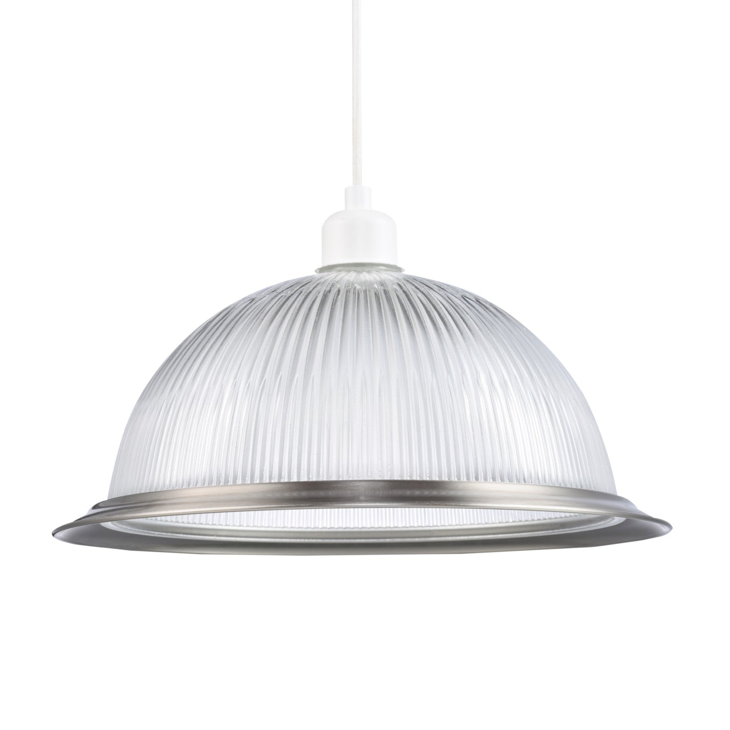 Traditional American Diner Pendant Shade with Satin Nickel Trim and Ribbed Glass Image 1