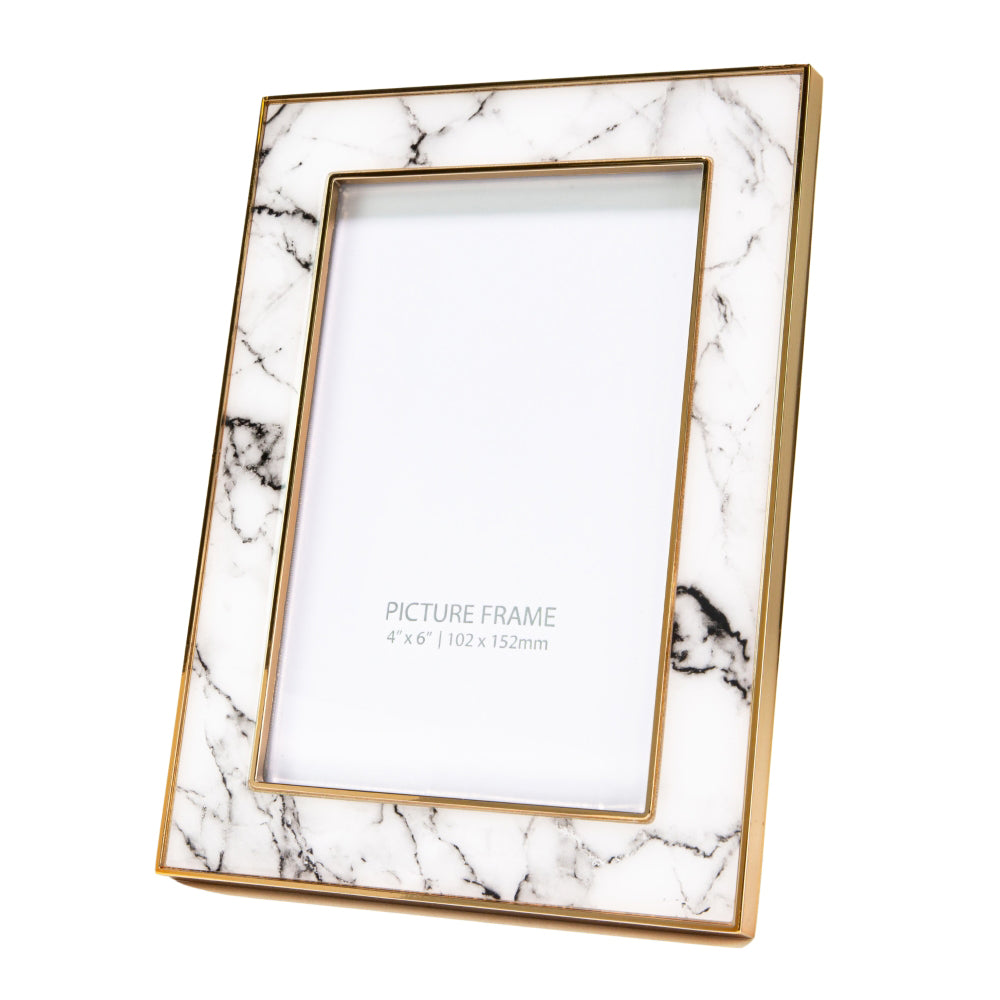 Modern Designer White Marble Print 4x6 Frame with Clear Enamel and Gold Metal Image 1