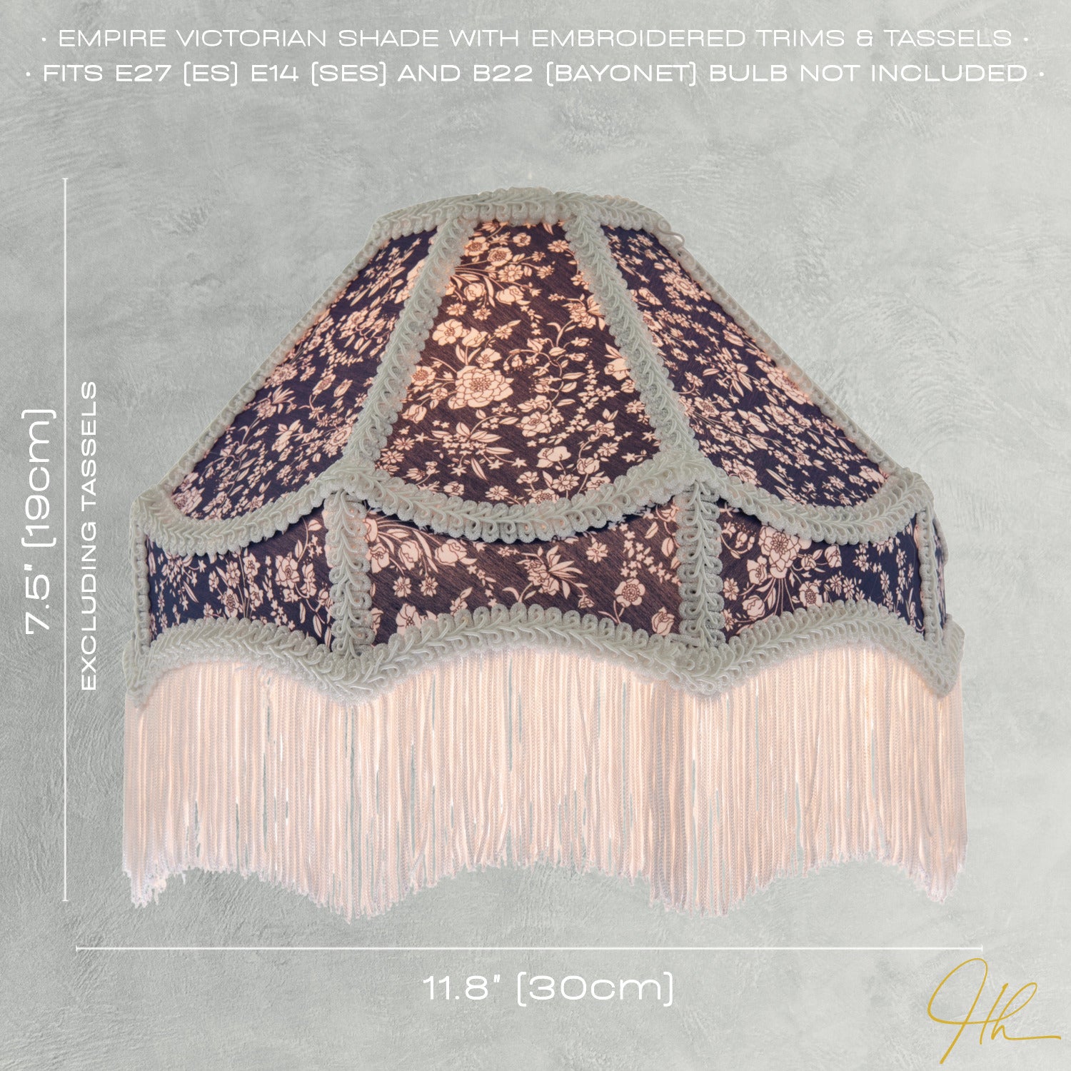 Classic Victorian Empire Lampshade in Navy Blue Cotton with Tassels Image 7