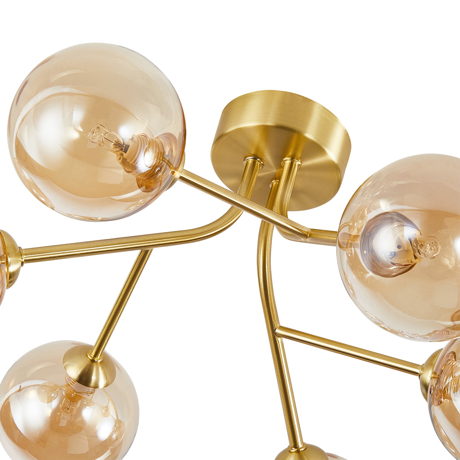 Designer Satin Gold 6-Arm Ceiling Light Fixture with Amber Tinted Glass Shades Image 4