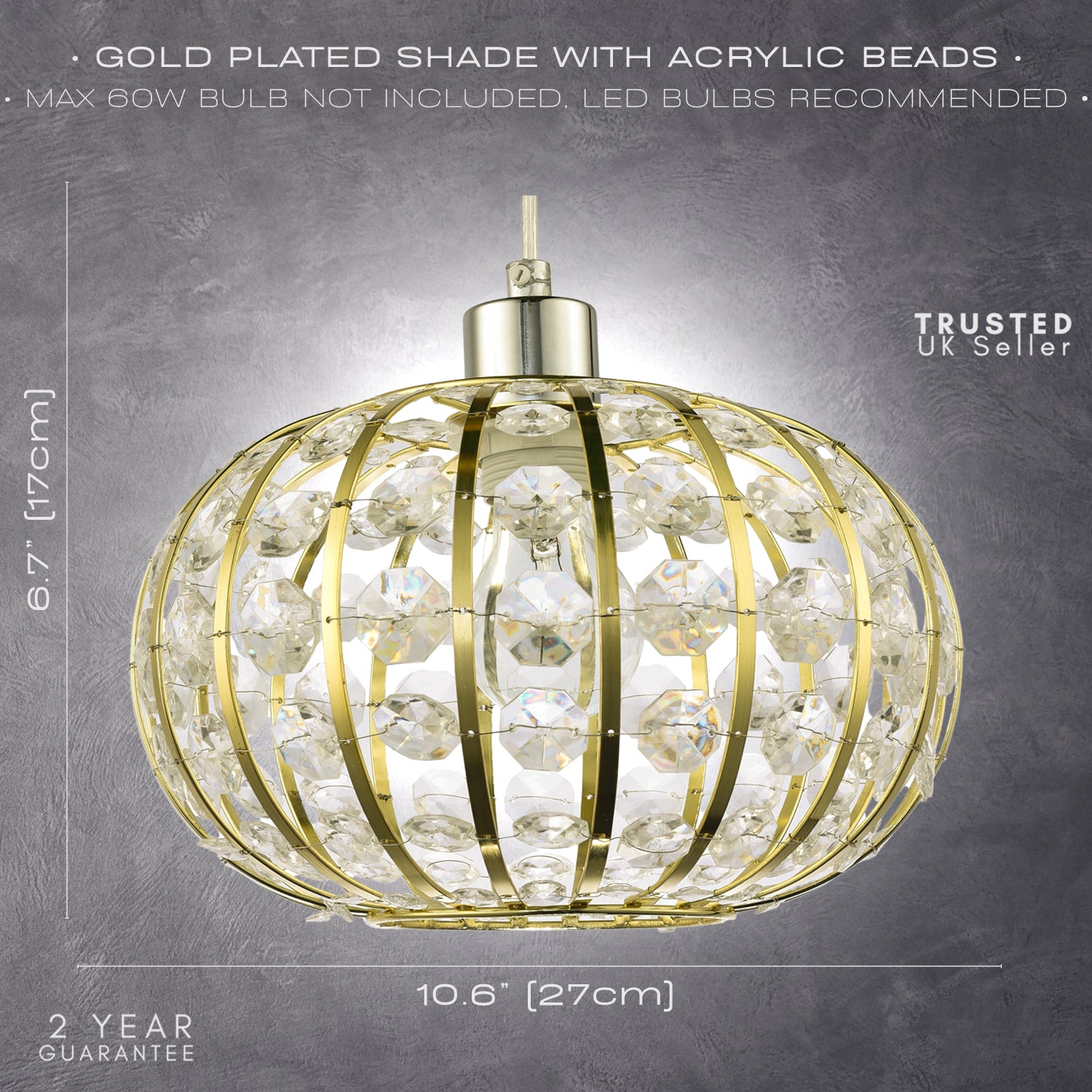 Modern Gold Plated Basket Cage Style Pendant Shade with Clear Acrylic Beads Image 7