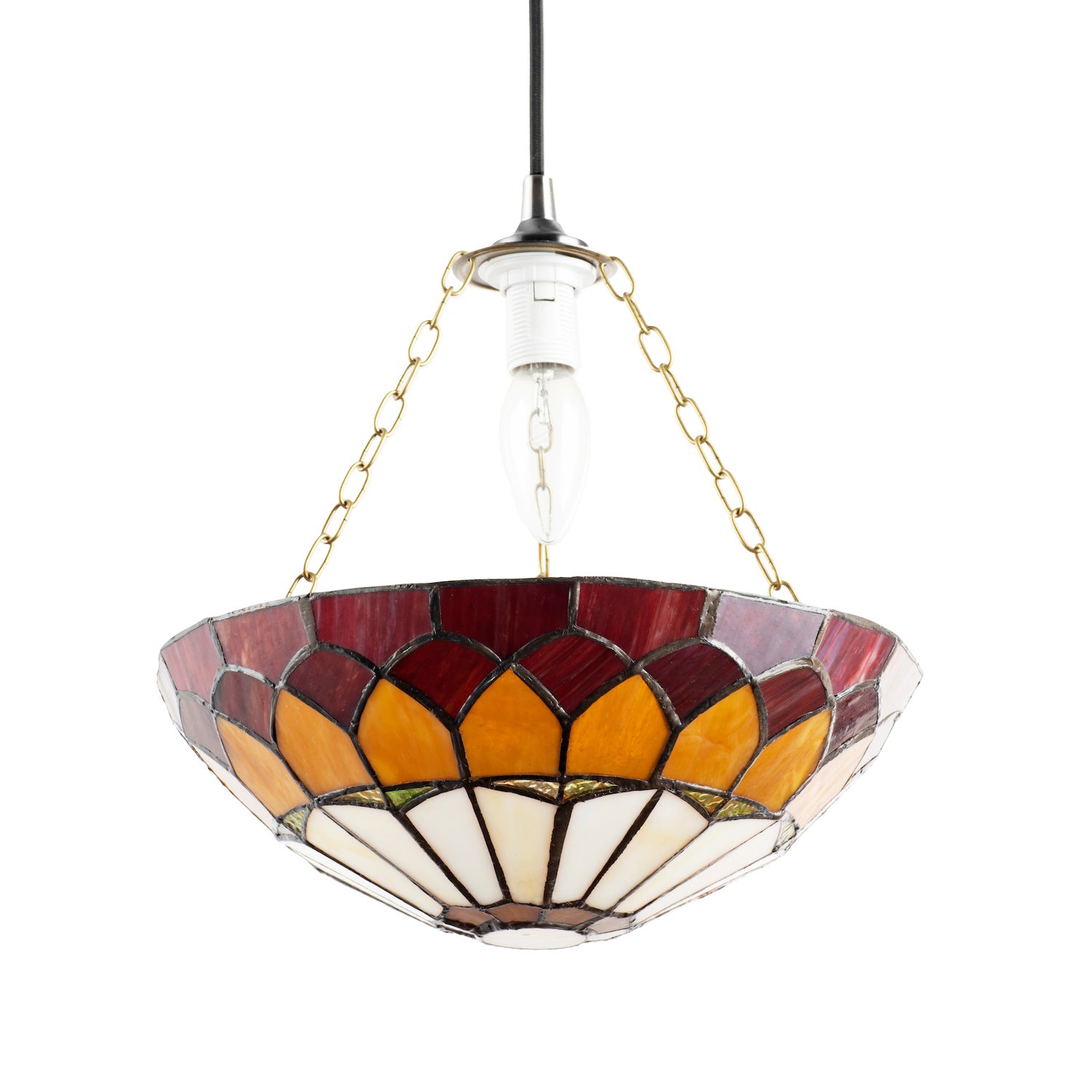 Amber and Red Stained Glass Domed Tiffany Pendant Lamp Shade with Chain Image 1