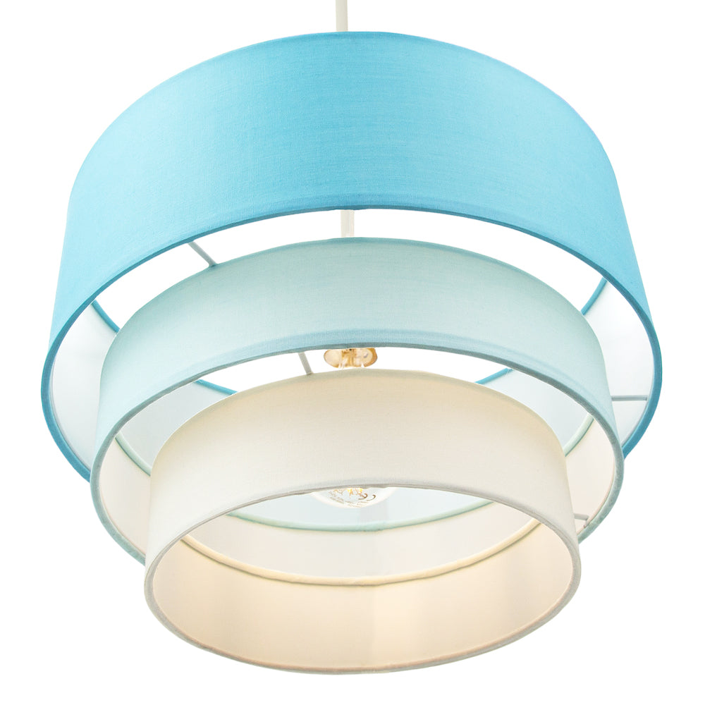 Contemporary Round Triple Tier Teal/Blue Cotton Fabric Pendant Light Shade Image 3