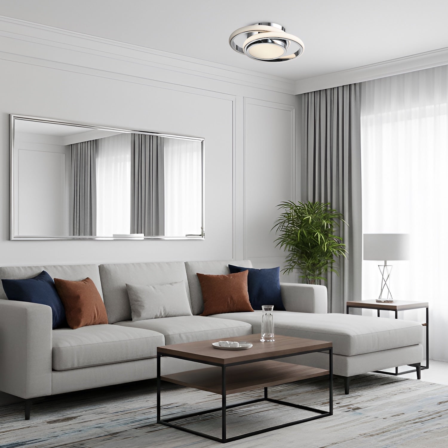 Modern LED Ceiling Light with Chrome Rings and Central Downlighter Image 5