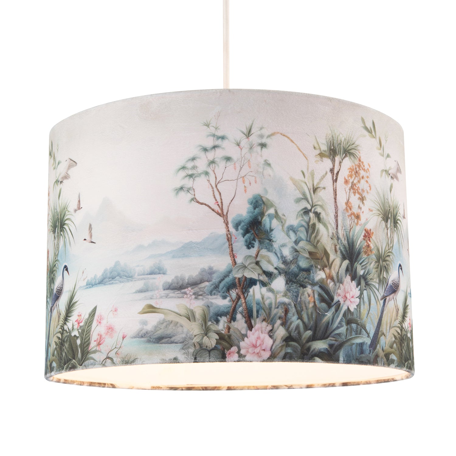 Jungle and Mountain Velvet Fabric Shade with Pink Flowers and Birds Image 2