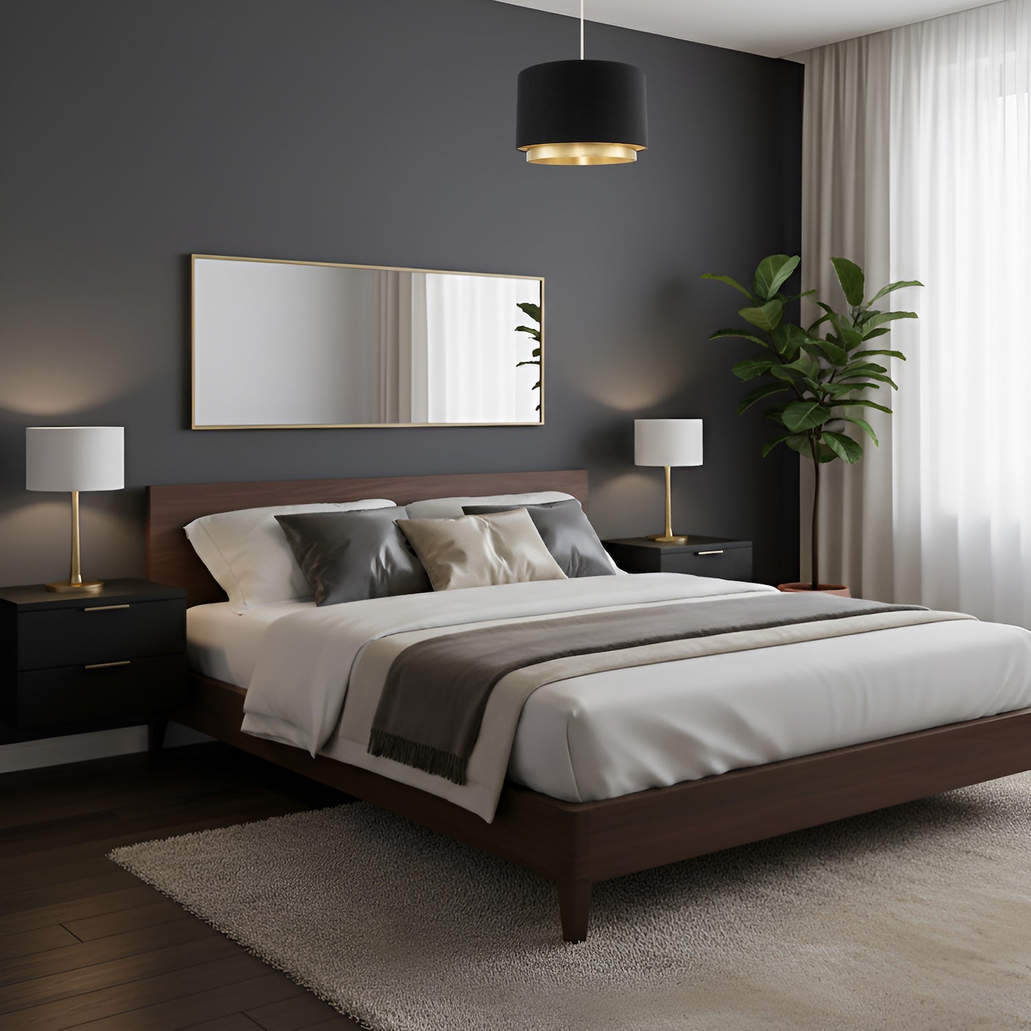 Designer Black Cotton Fabric Lamp Shade with Brushed Gold Metal Ring Image 6