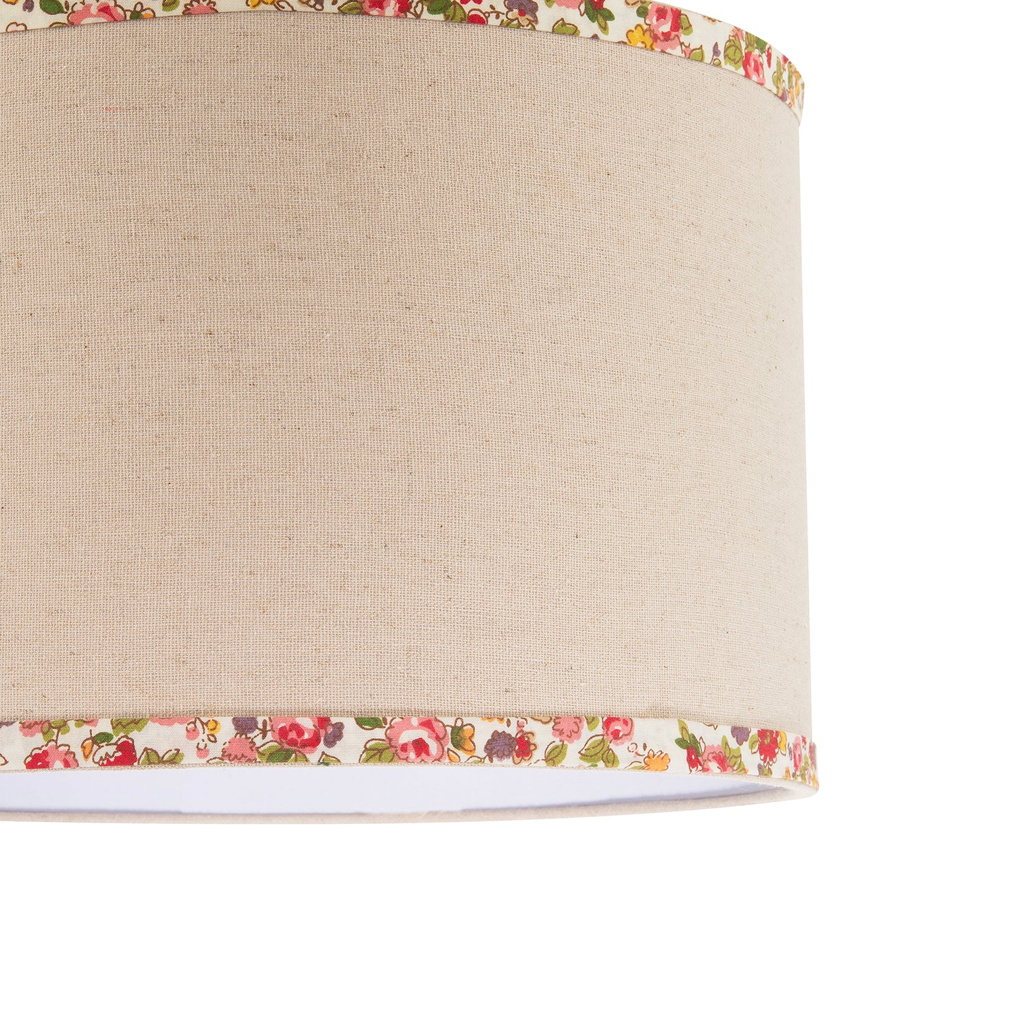 Natural Oatmeal Linen Circular Lamp Shade with Colourful Floral Trims Image 4