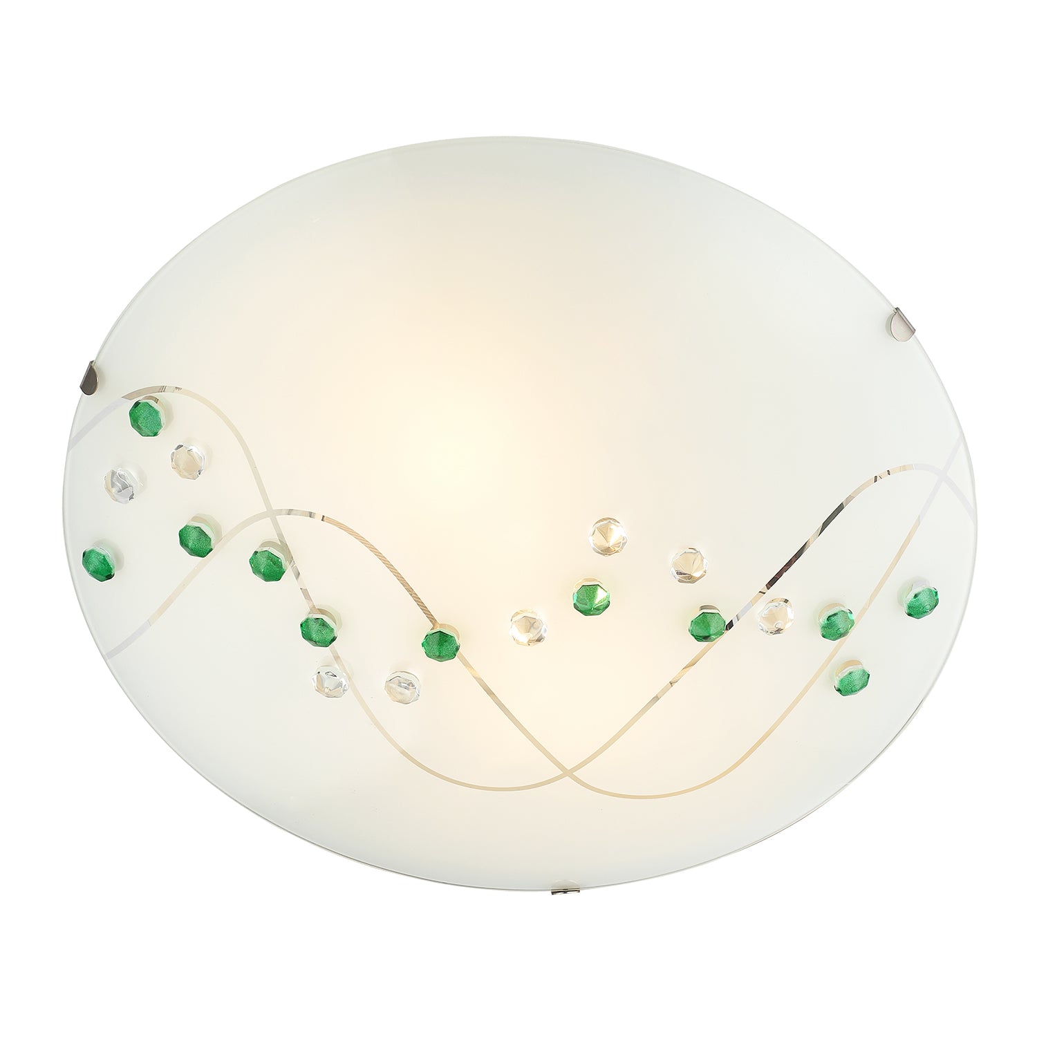 Contemporary Round Opal Glass Ceiling Light with Green and Clear Crystal Buttons Image 5