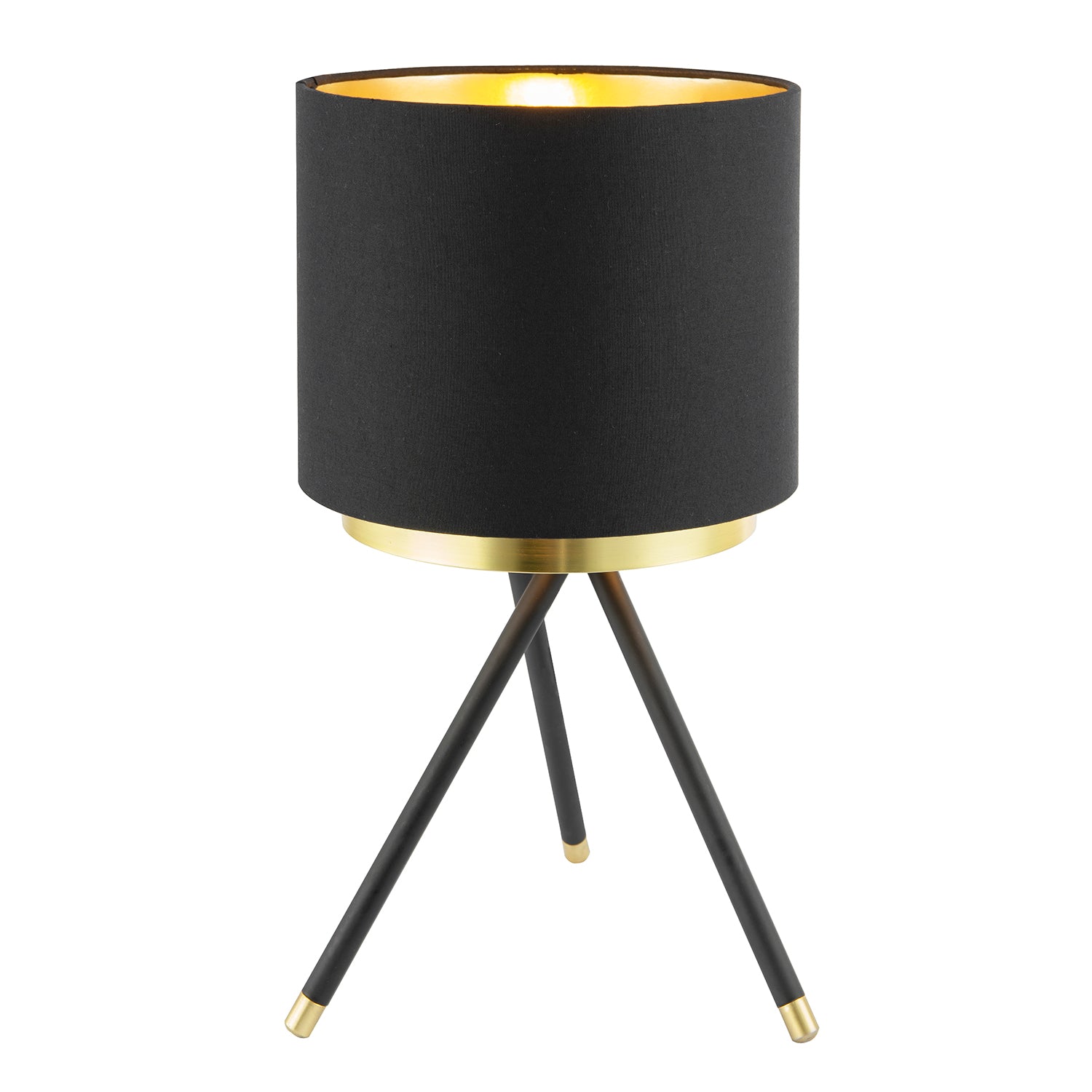 Black Tripod Table Lamp with Gold Metal Ring and Cotton Drum Shade Image 2