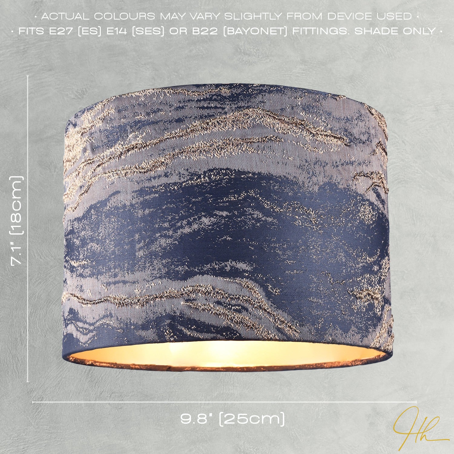 Navy Blue Jacquard Cotton Lamp Shade with Gold Leaf Foil Wavy Decor Image 7