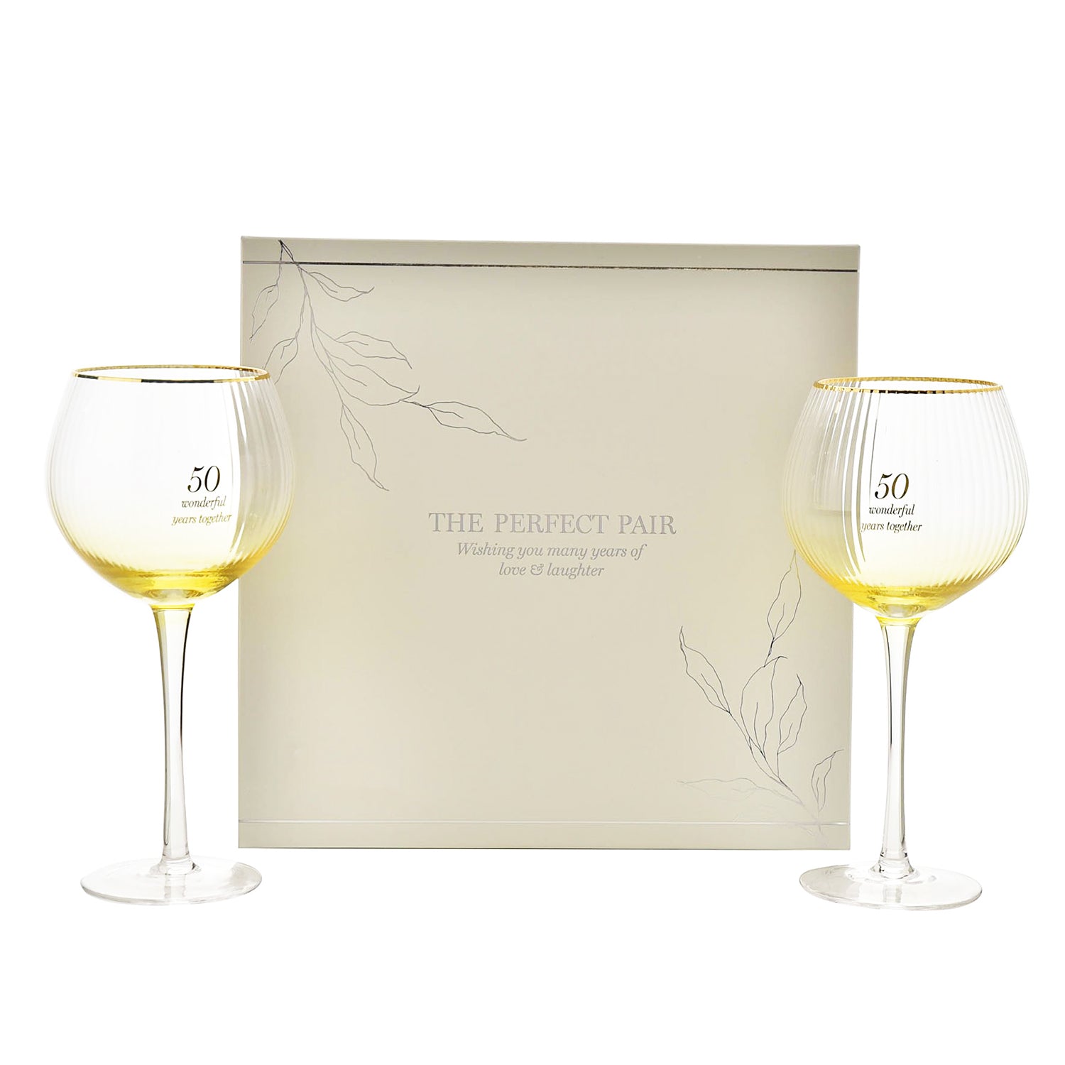 50th Anniversary Pair of Large Clear Ribbed Glass Gin Glasses with Gift Box Image 1