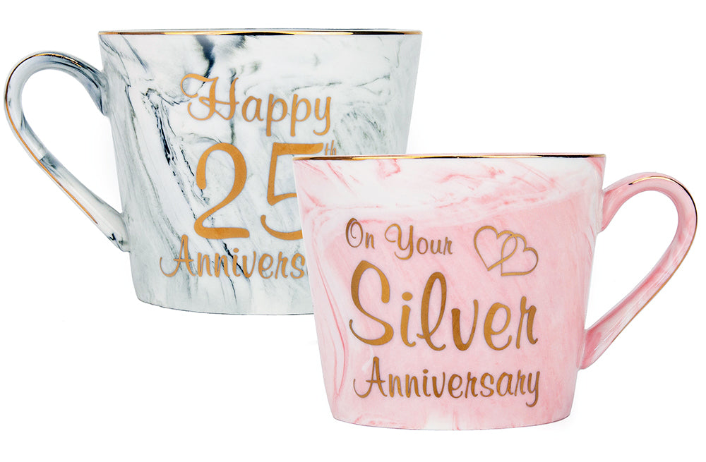 Beautiful 25th Anniversary Grey and Pink Marble Ceramic Mugs with Golden Trim Image 4