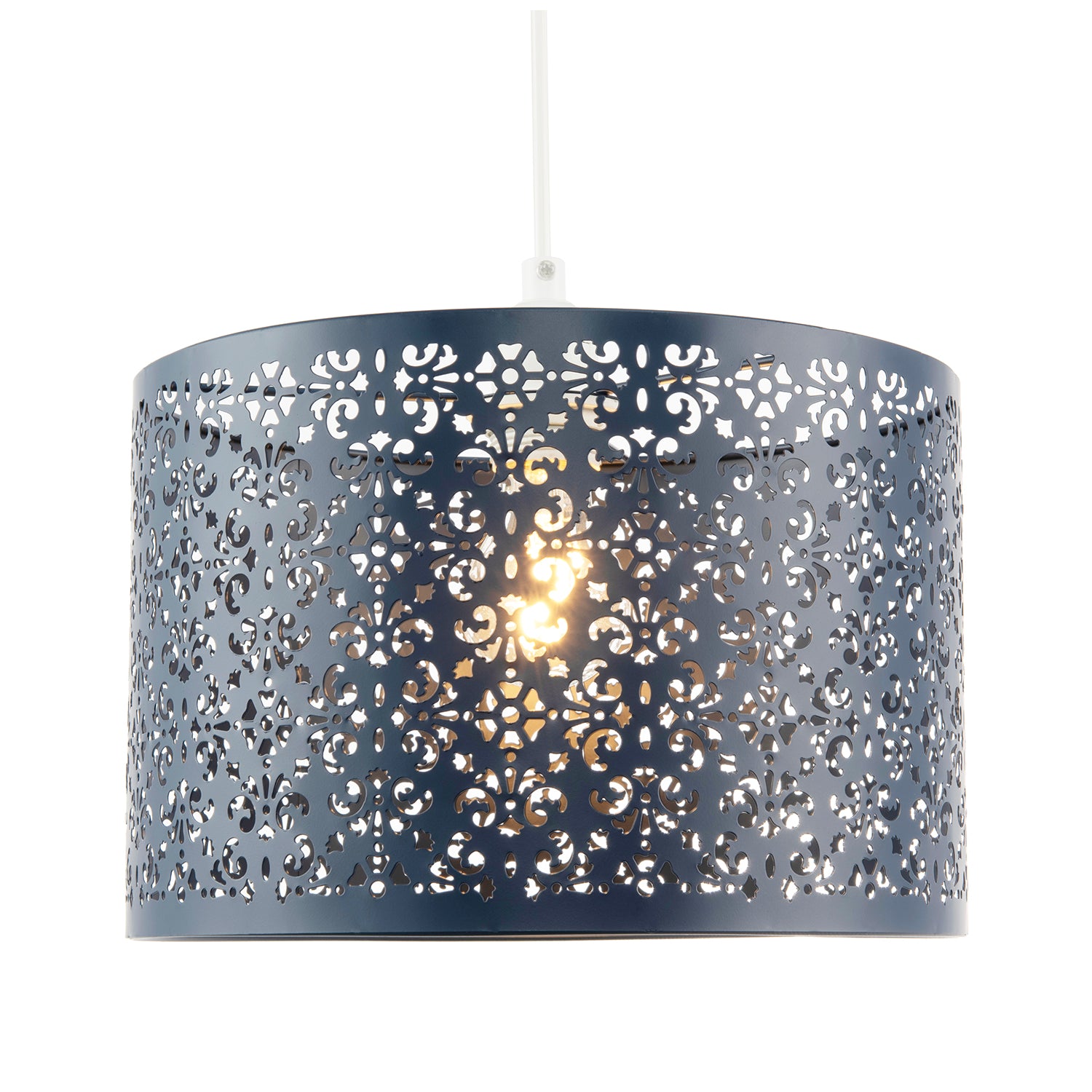 Midnight Blue Moroccan Metal Pendant Lamp Shade with Floral Decoration Image 8