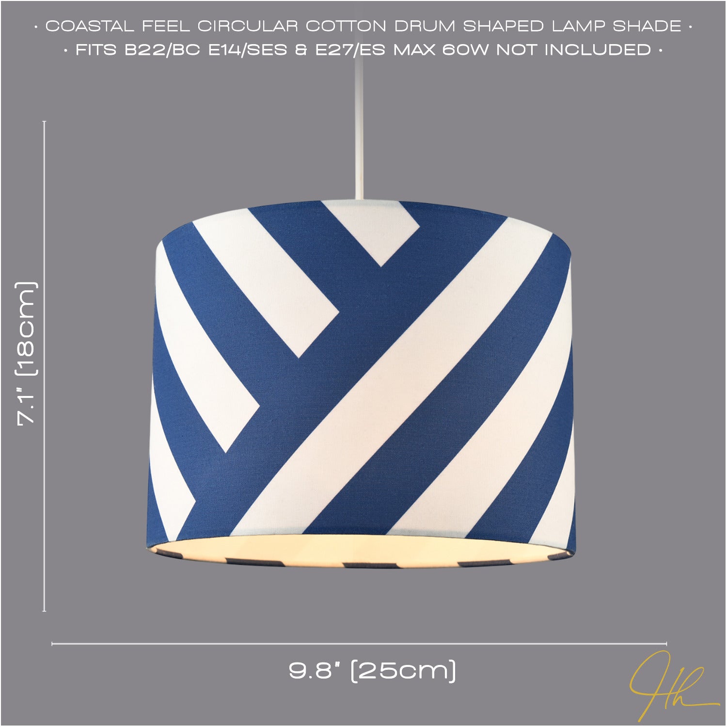 Midnight Blue and White Coastal Feel Lamp Shade with Diagonal Lines Image 6