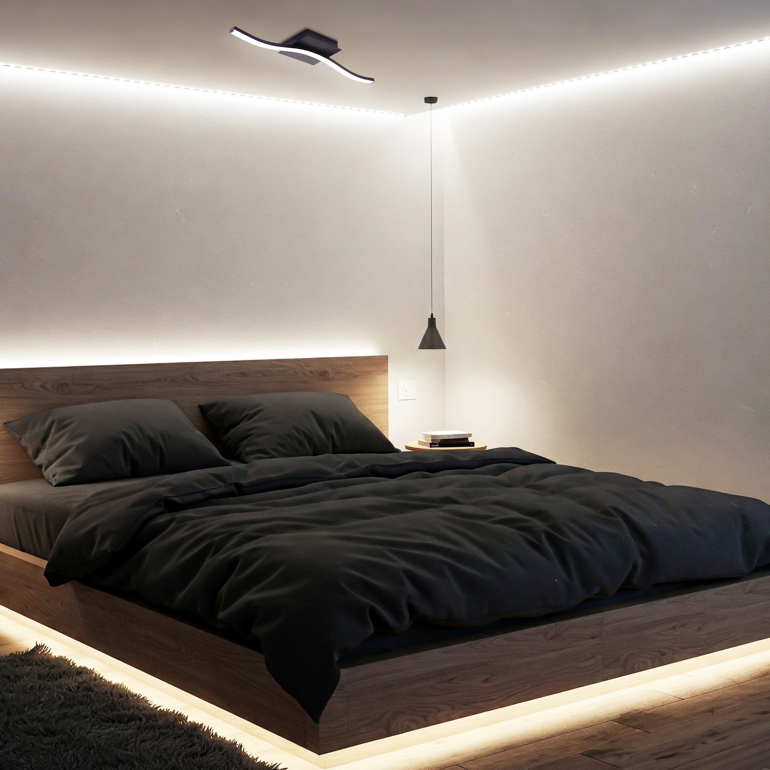 Contemporary Designer Single Wavy Strip LED Ceiling Light Fitting in Matte Black Image 7