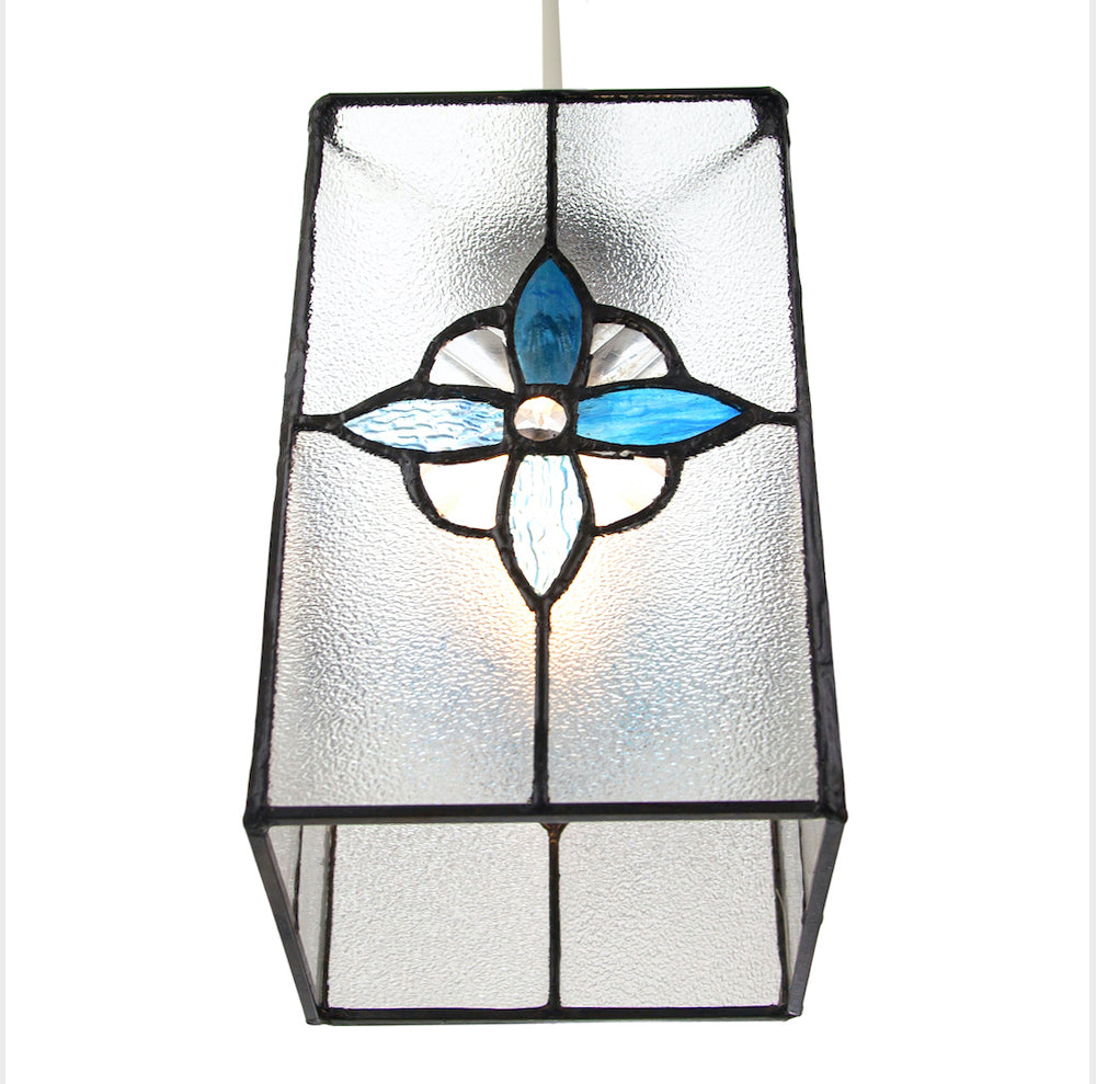 Traditional Clear Glass Tiffany Style Pendant Light Shade with Teal Panels Image 5