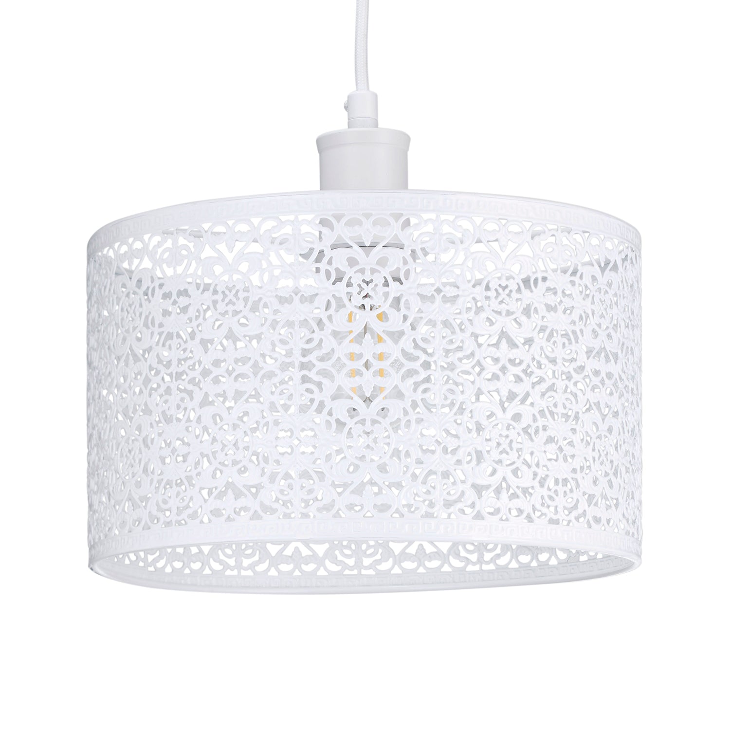 Ornate Moroccan Style Decorated White Gloss Metal Pendant Lamp Shade 25cm x 15cm Image 1