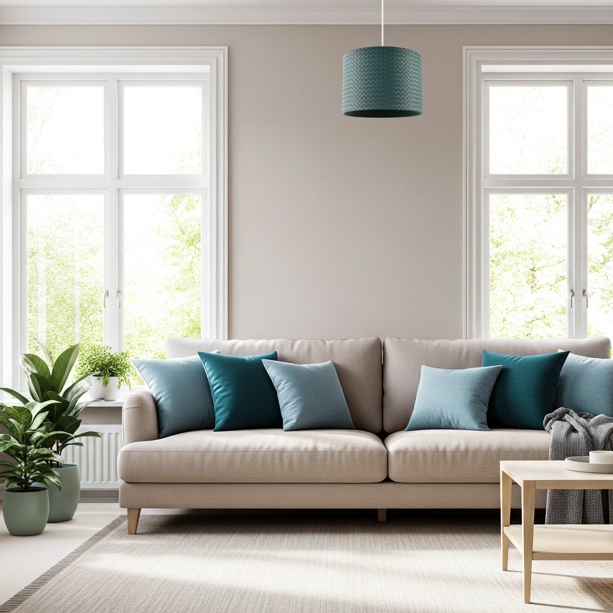 Dark Forest Green Faux-Leather Woven Drum Lampshade with Cotton Lining Image 6