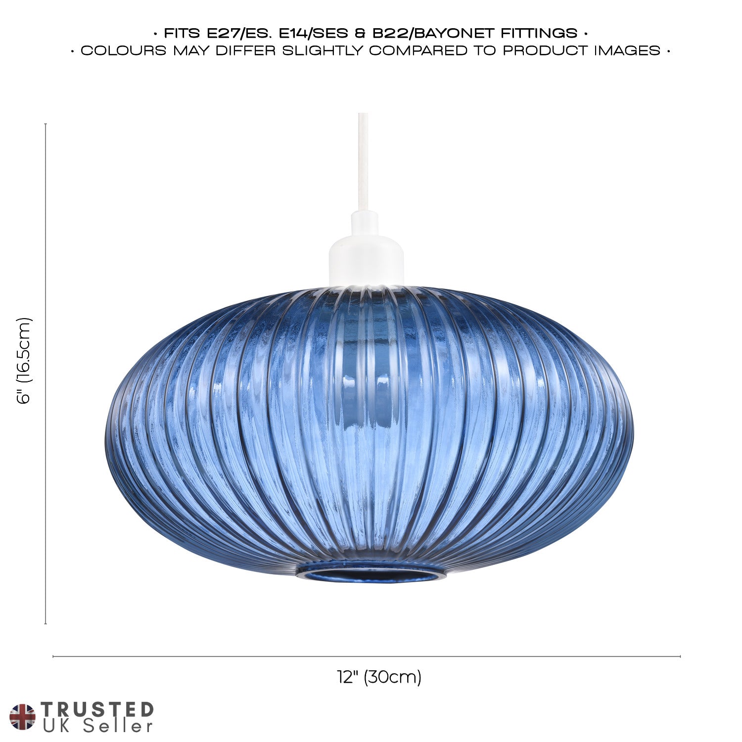 Modern Designer Navy Midnight Blue Line Ribbed Glass Oval Pendant Lamp Shade Image 7